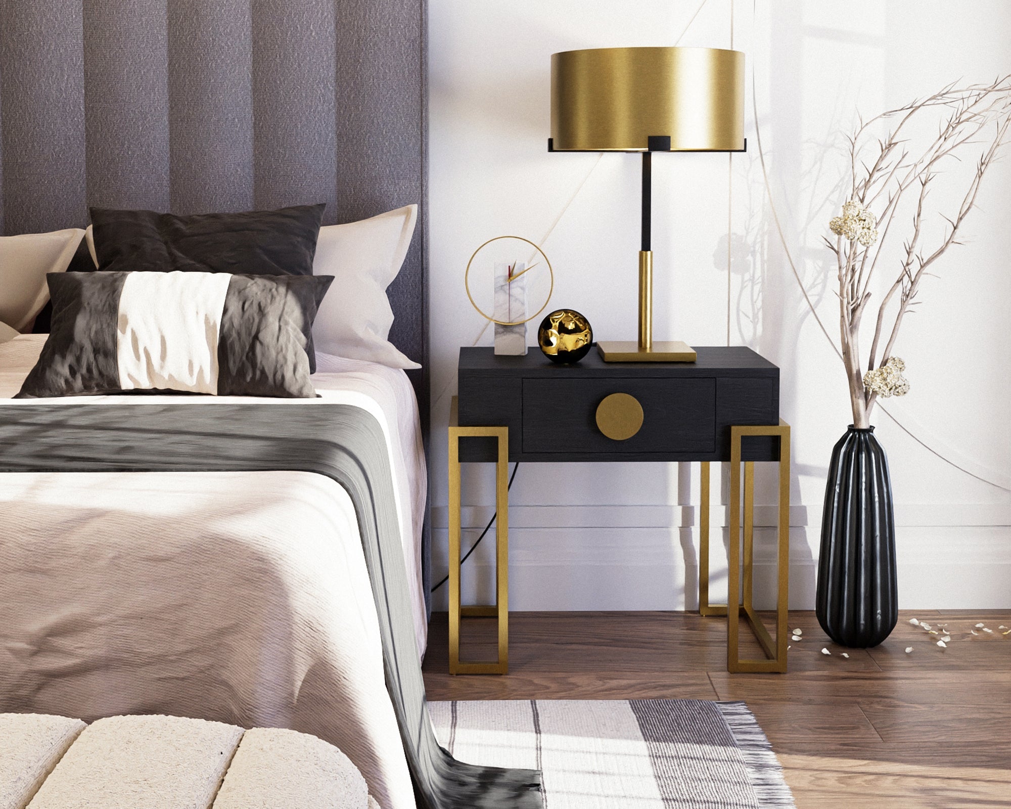 Paradigm Bedside Table - Black Ash Veneer/Polished Brass