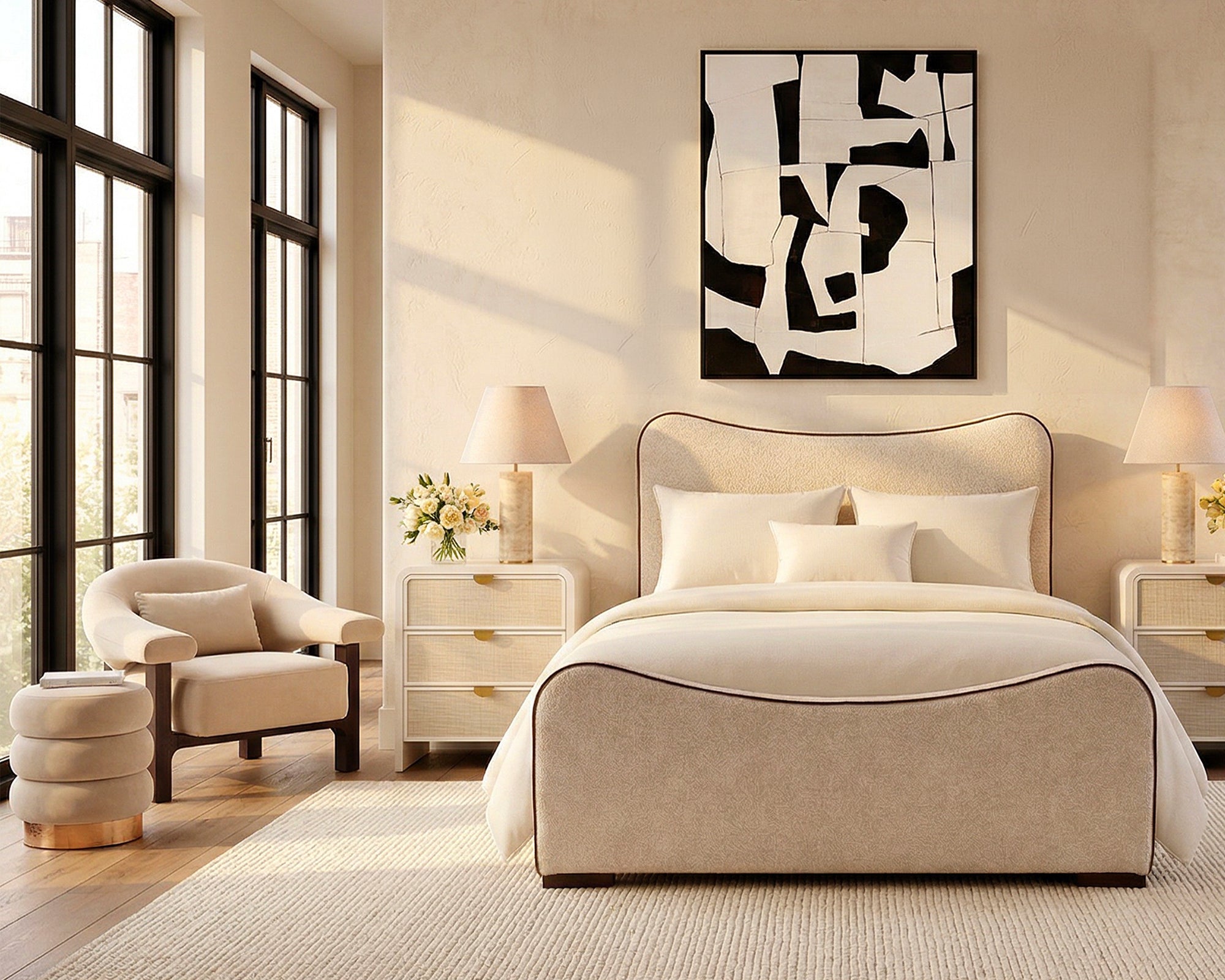 Caleta King Size Bed - Capela Sand with Capela Fennel Seed Piping | Dark Brown Ash