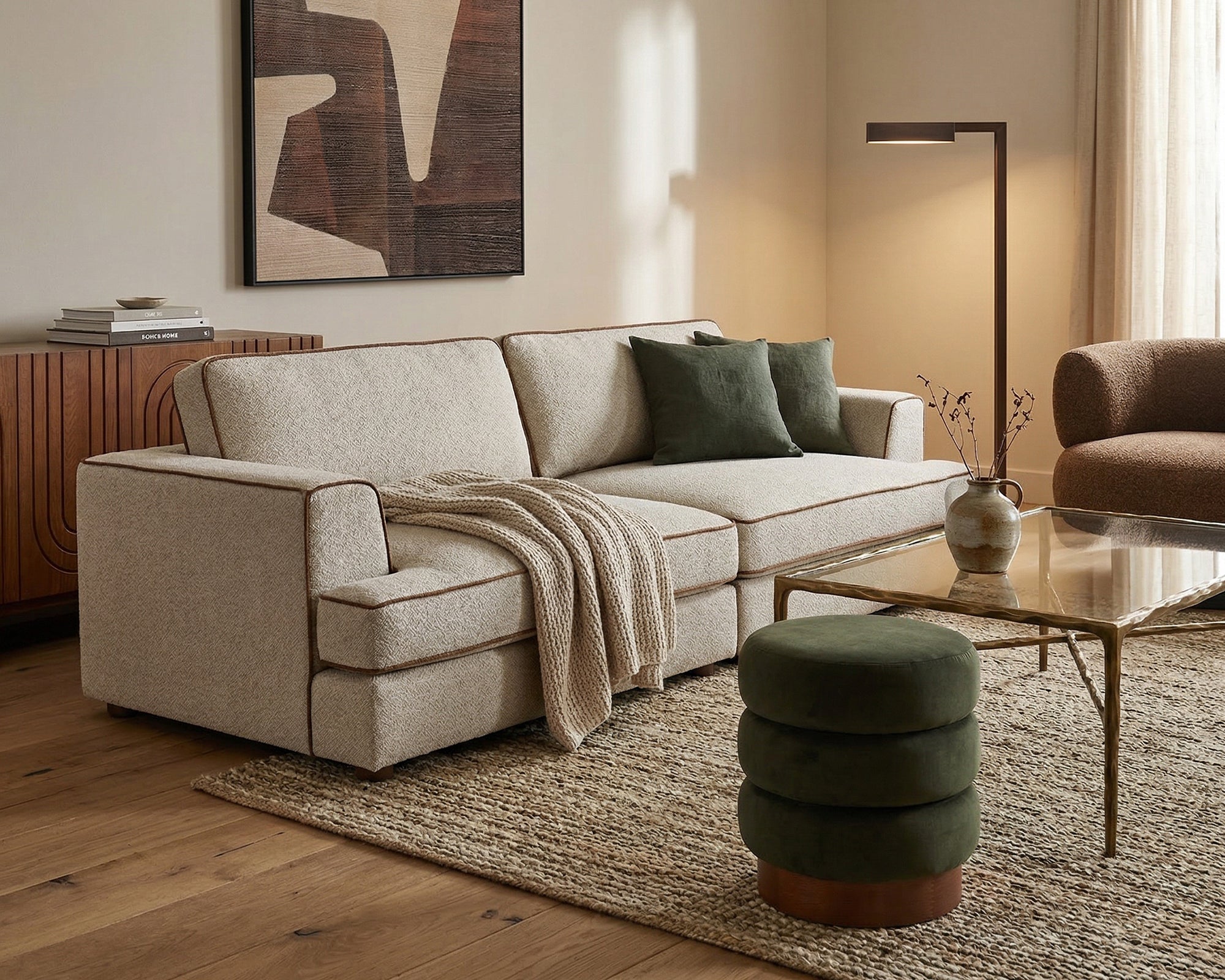 Cameron Sofa - Capella Sand with Capella Fennel Seed Piping | Dark Brown Solid Wood