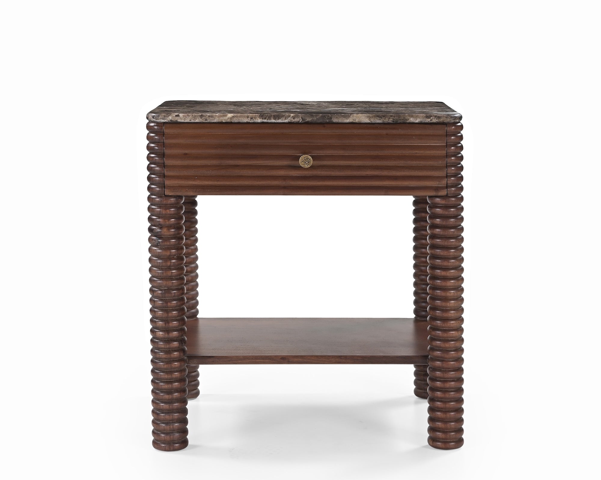 Allure Bedside Table - Dark Brown Emperador Marble & Brushed Mid-brown Textured Acacia Wood