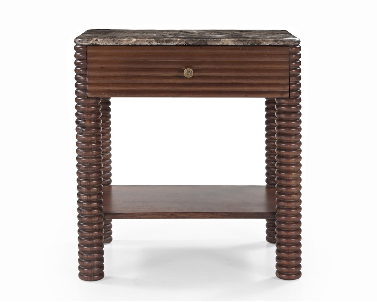 Allure Bedside Table - Dark Brown Emperador Marble & Brushed Mid Brown Textured Acacia Wood