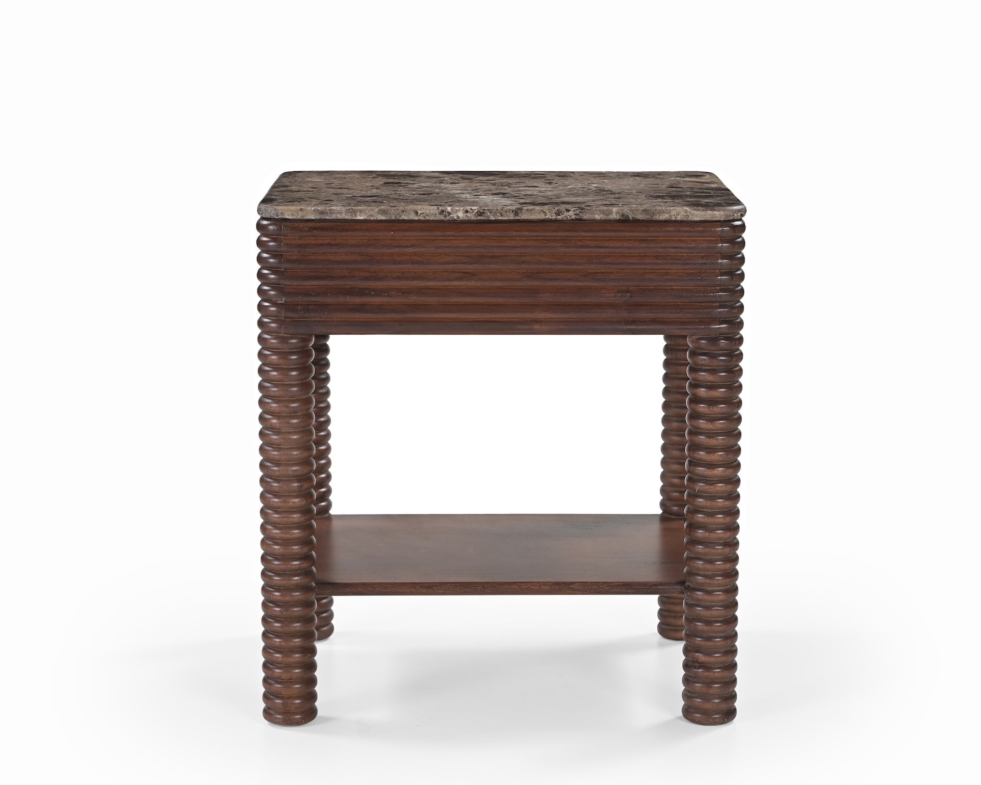 Allure Bedside Table - Dark Brown Emperador Marble & Brushed Mid-brown Textured Acacia Wood