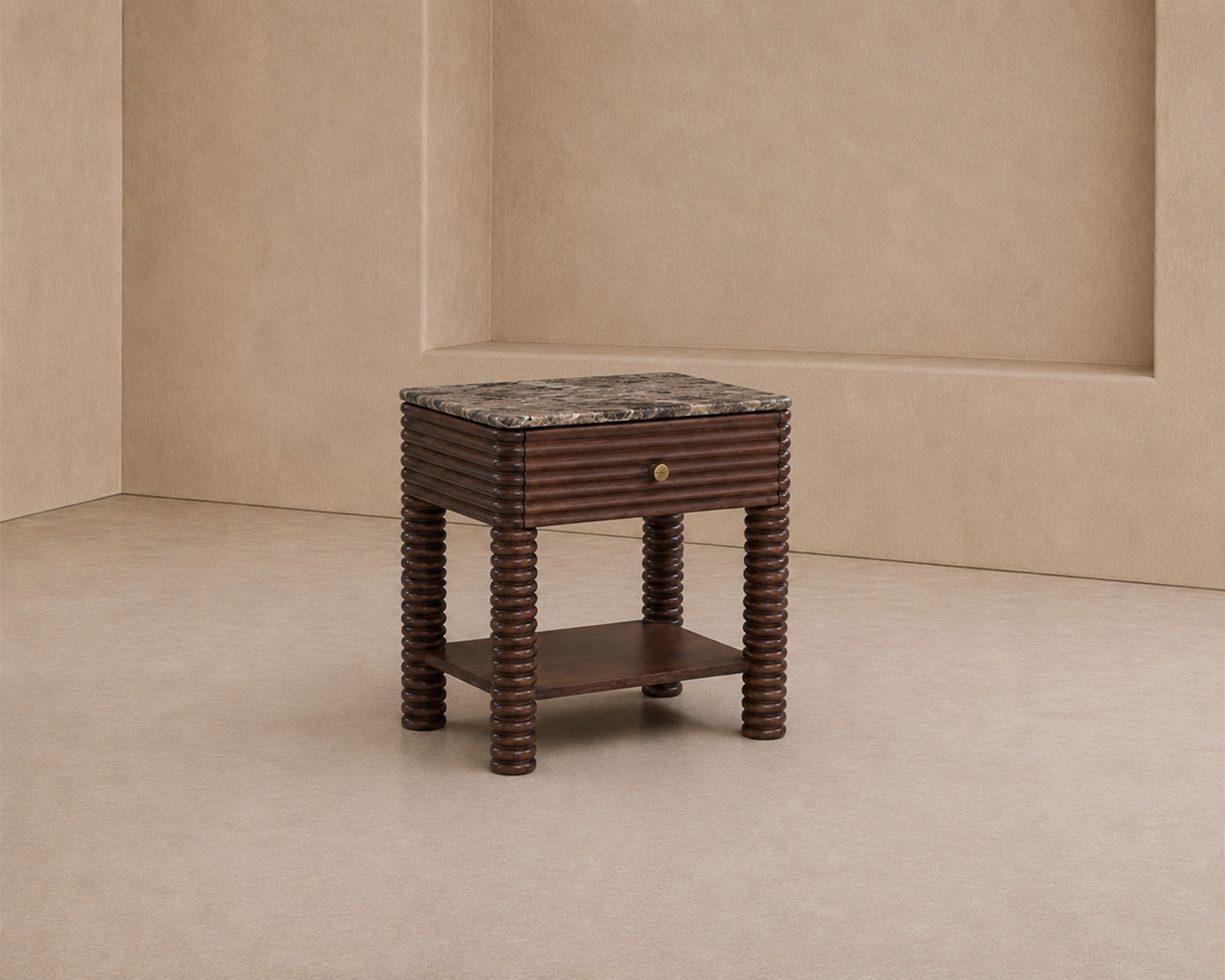 Allure Bedside Table - Dark Brown Emperador Marble & Brushed Mid Brown Textured Acacia Wood