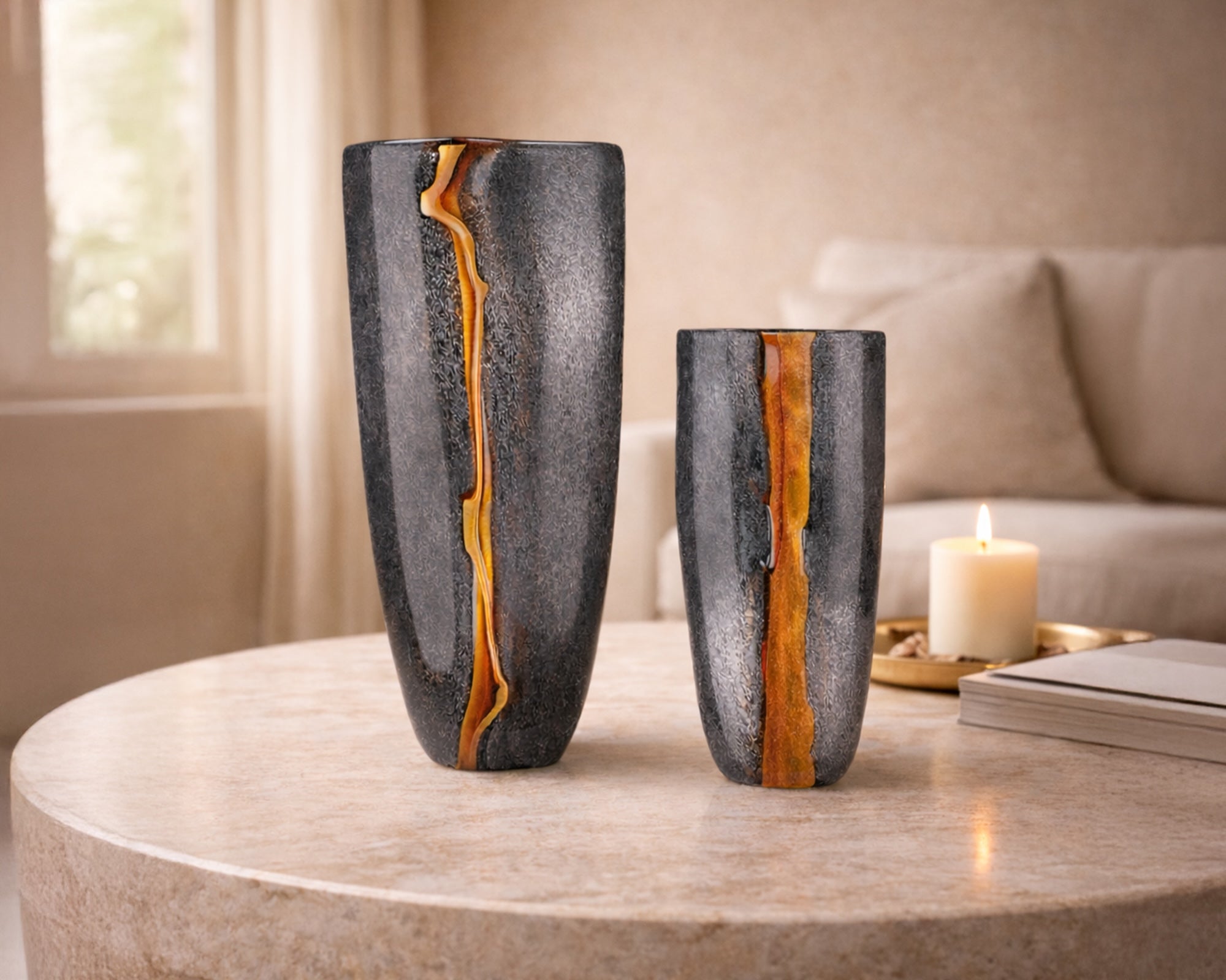 Cassiano Large Vase - Charcoal & Amber Veined Glass