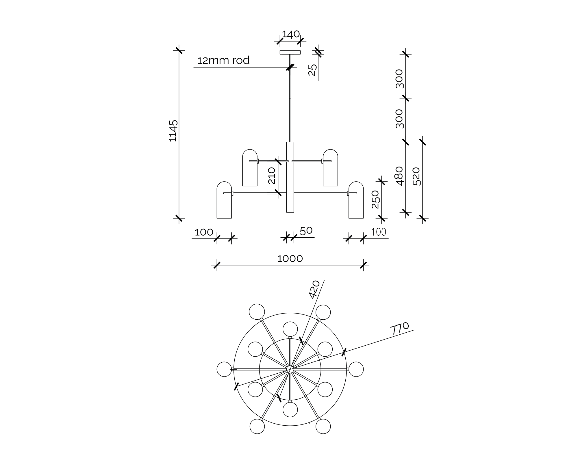 Pawson Chandelier - Brass & White Glass