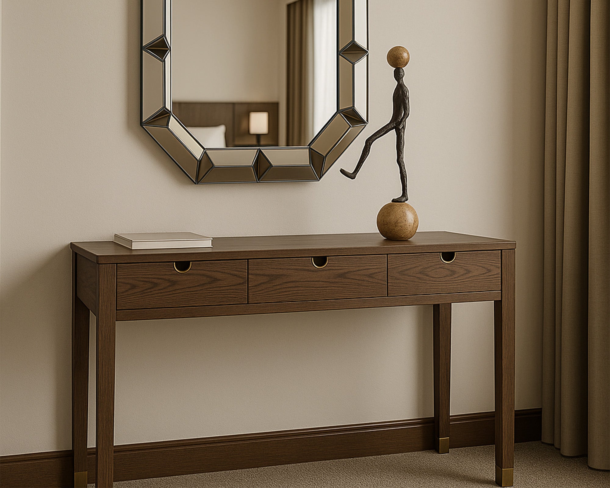 Alcudia Dressing Table - Dark Brown Oak/Antique Brass