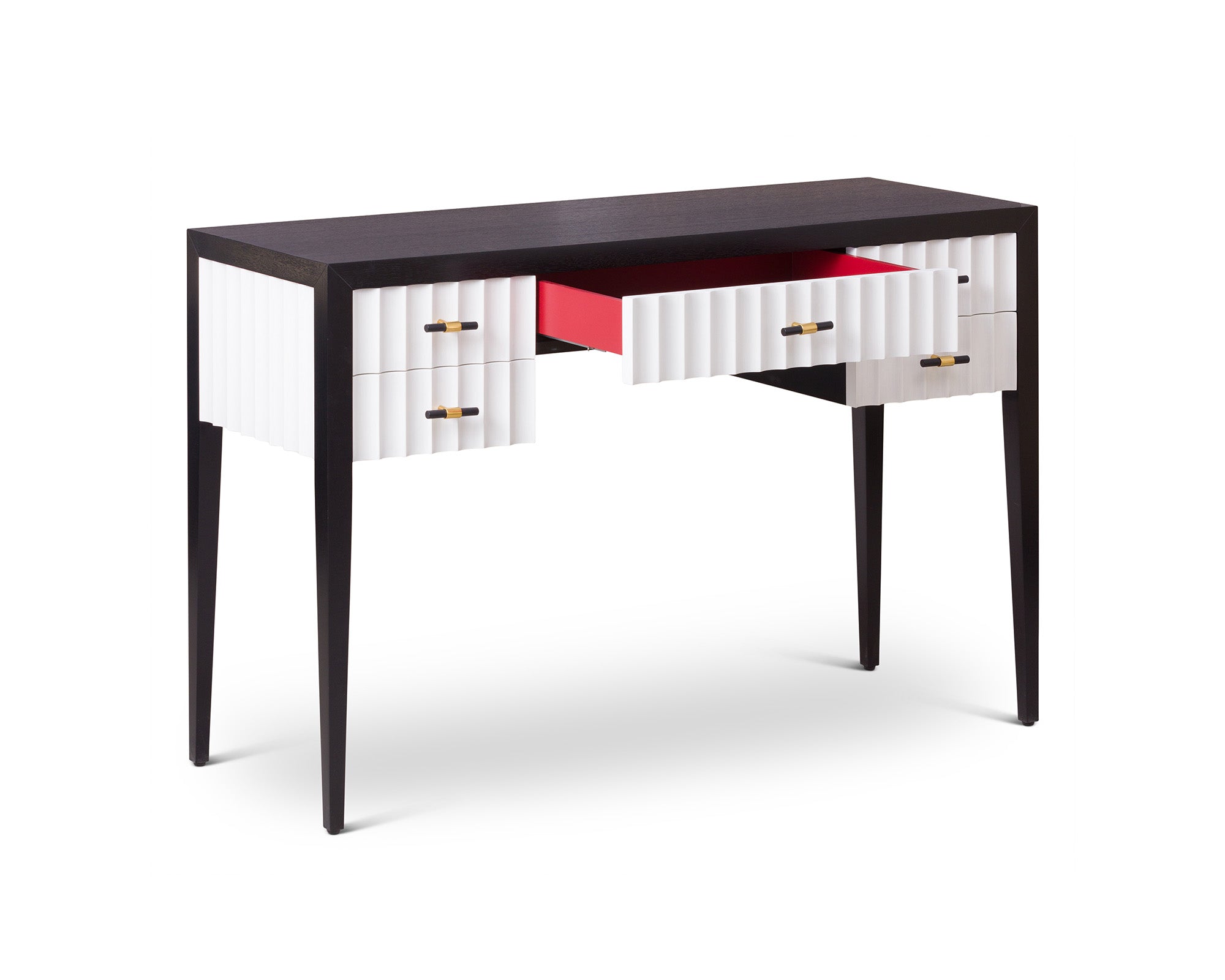 Malibu Console Table - Black Satin Veneer, Hairline White & Red Lining