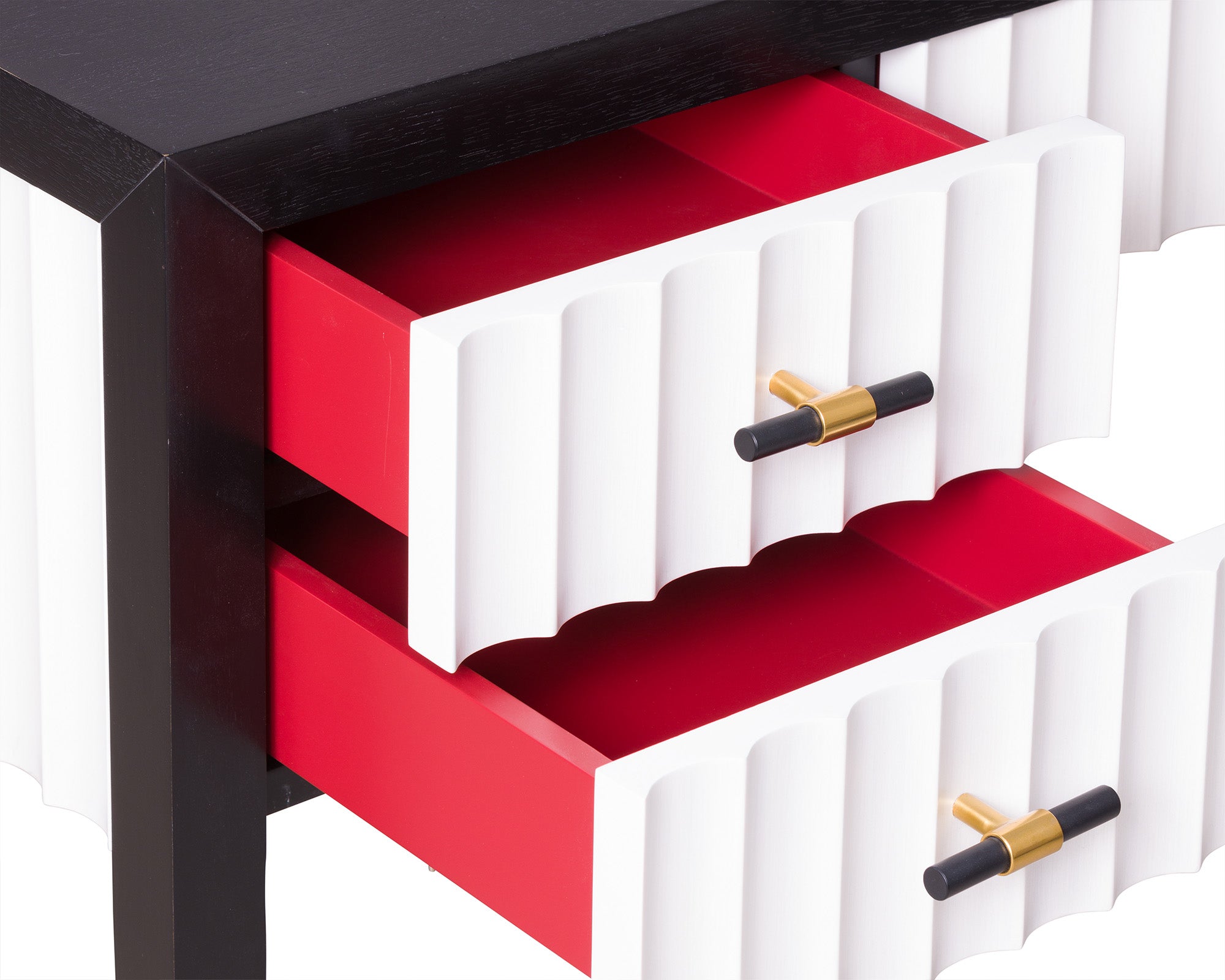 Malibu Console Table - Black Satin Veneer, Hairline White & Red Lining