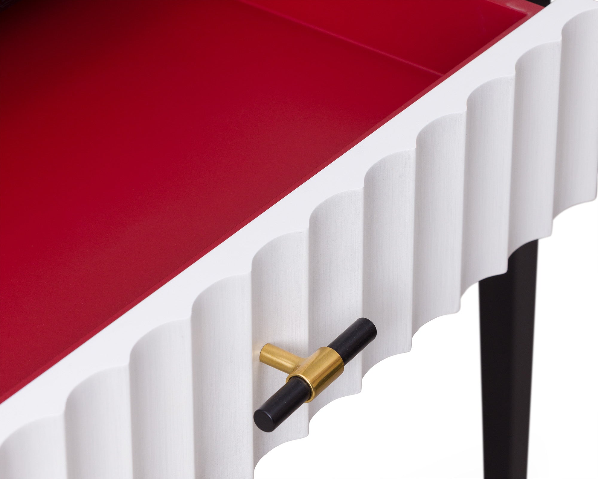 Malibu Console Table - Black Satin Veneer, Hairline White & Red Lining