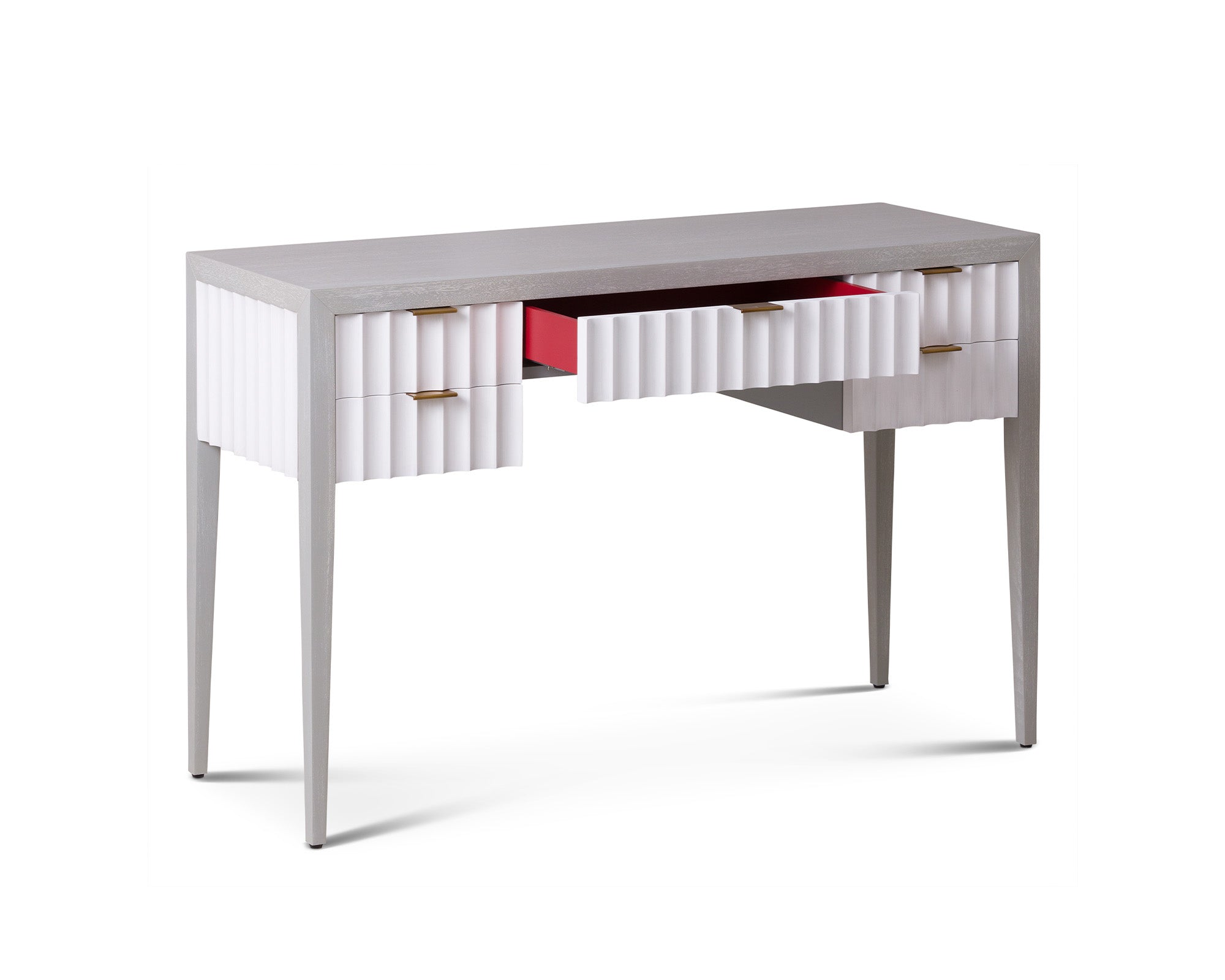Malibu Console Table  -  Grey Satin Veneer, Hairline White & Red Lining