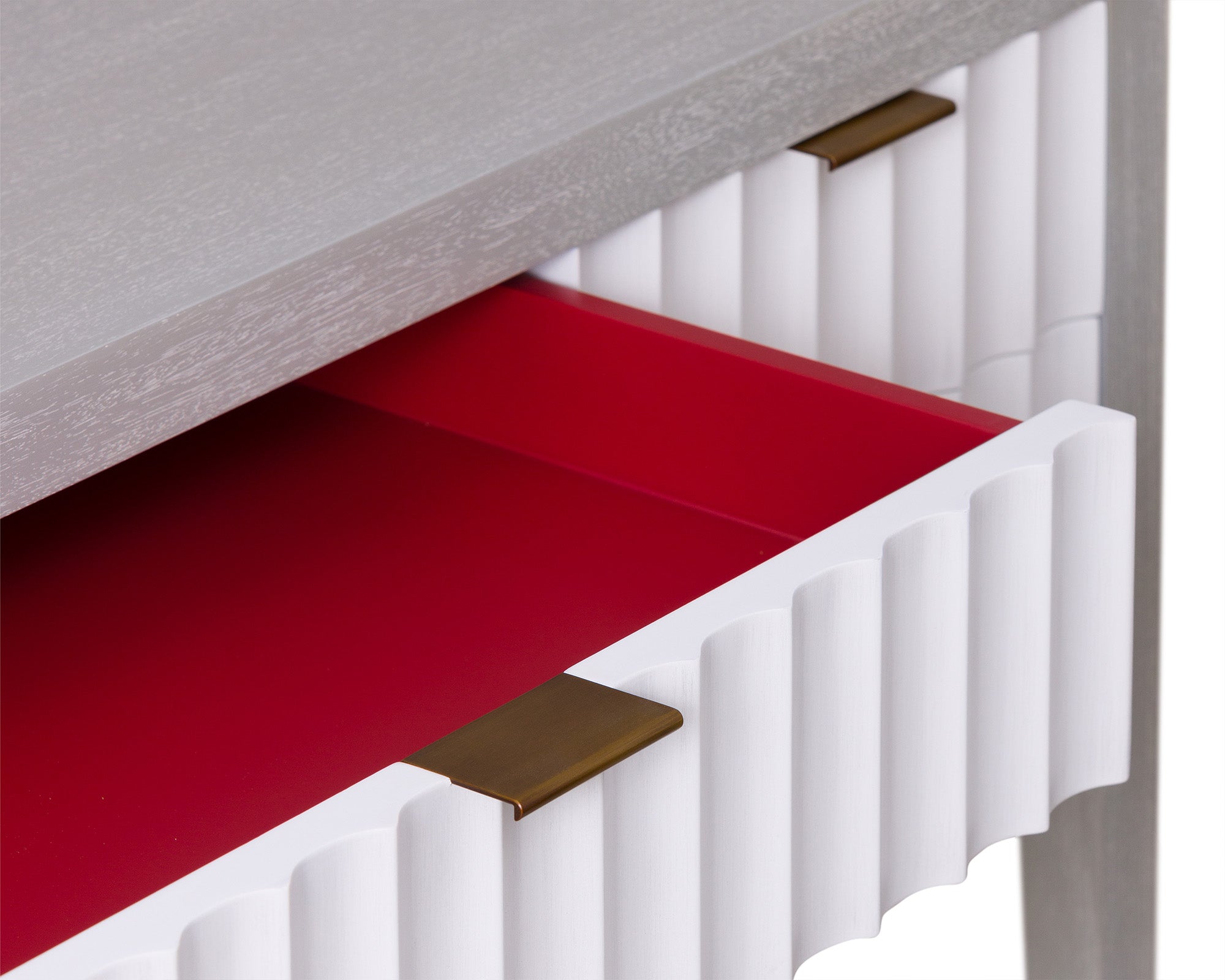 Malibu Console Table  -  Grey Satin Veneer, Hairline White & Red Lining