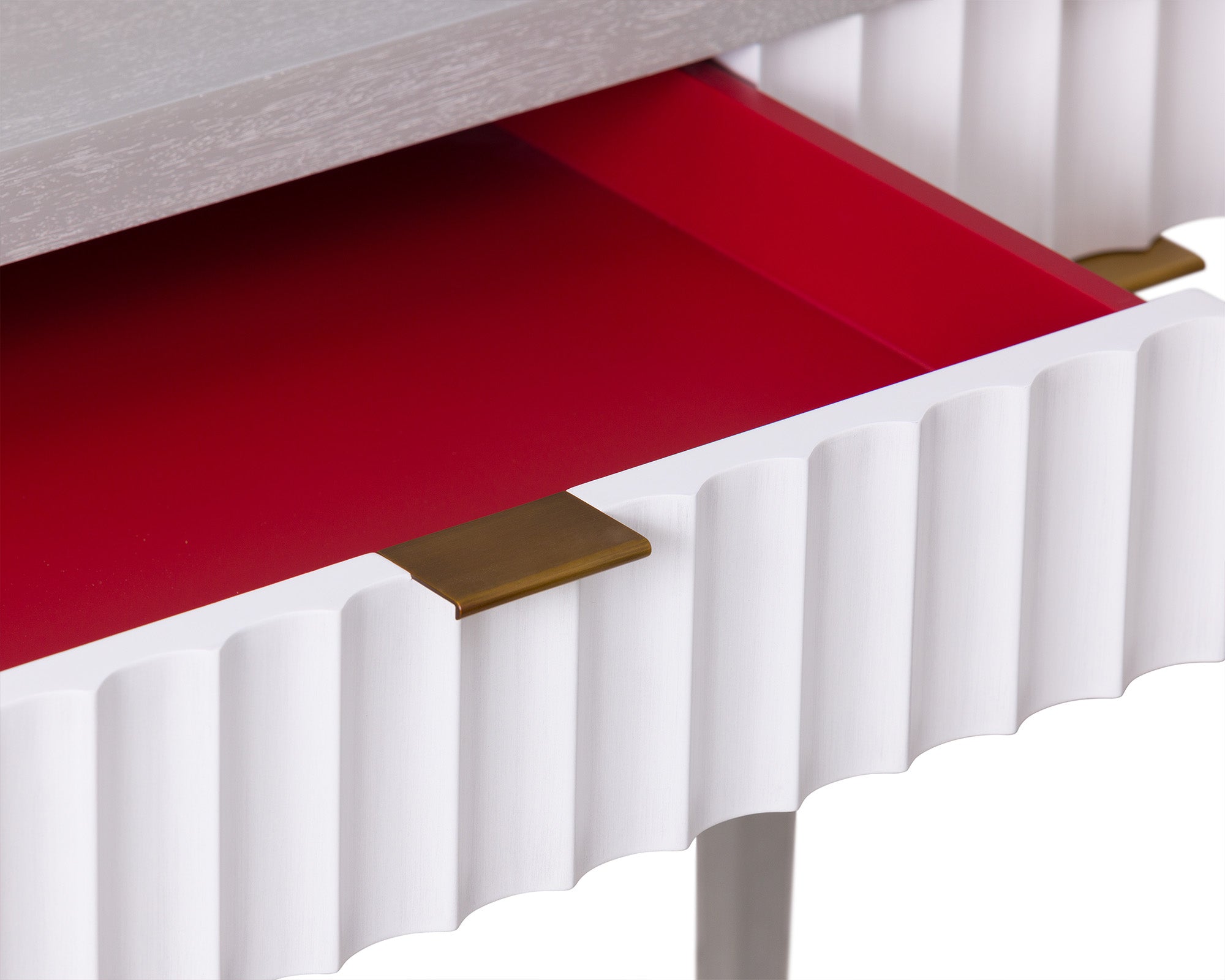 Malibu Console Table  -  Grey Satin Veneer, Hairline White & Red Lining