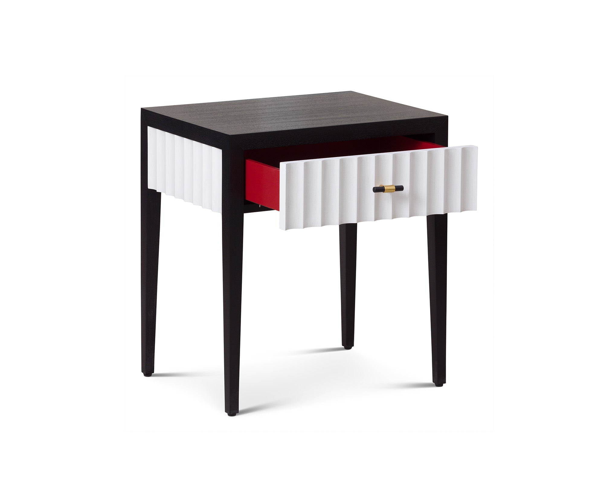 Malibu Bedside Table 1 Drawer - Black Satin Veneer, Hairline White & Red Lining