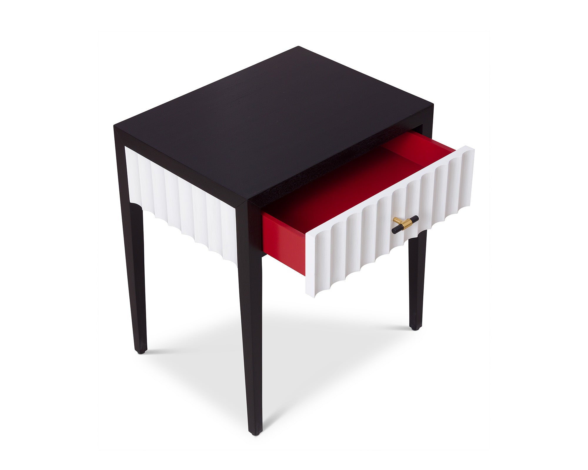 Malibu Bedside Table 1 Drawer - Black Satin Veneer, Hairline White & Red Lining