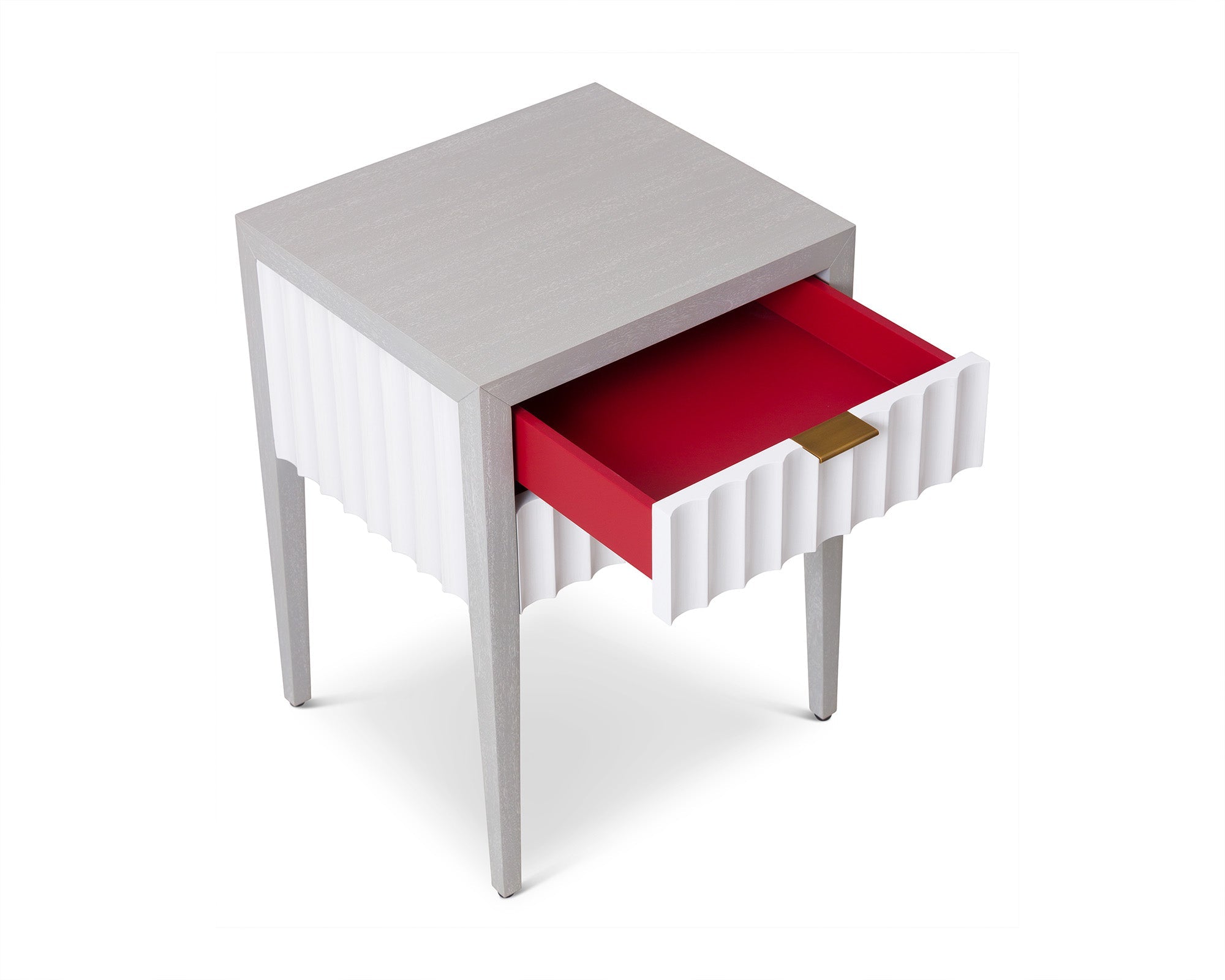 Malibu Bedside Table 2 Drawer - Grey Satin Veneer Hairline White & Red Lining