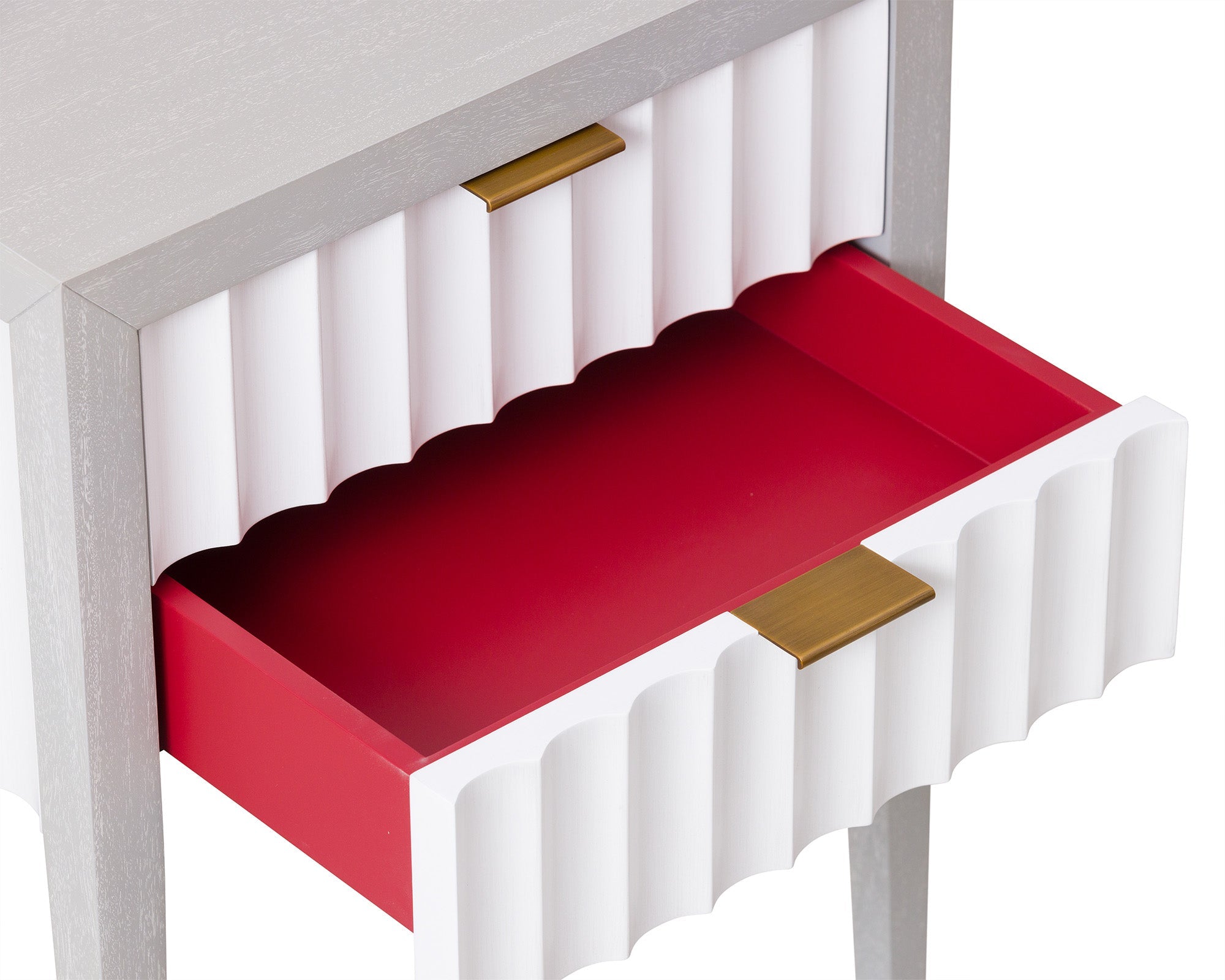 Malibu Bedside Table 2 Drawer - Grey Satin Veneer Hairline White & Red Lining