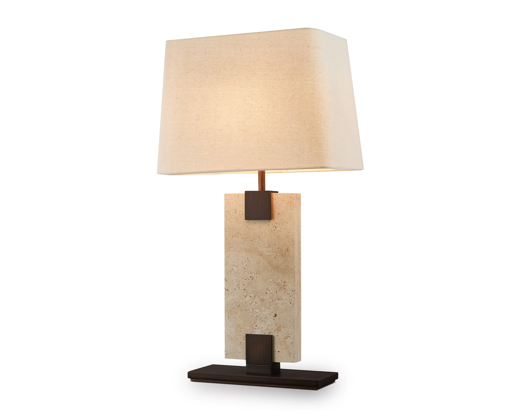 Madison Table Lamp - Travertine, Off White Linen and Antique Bronze