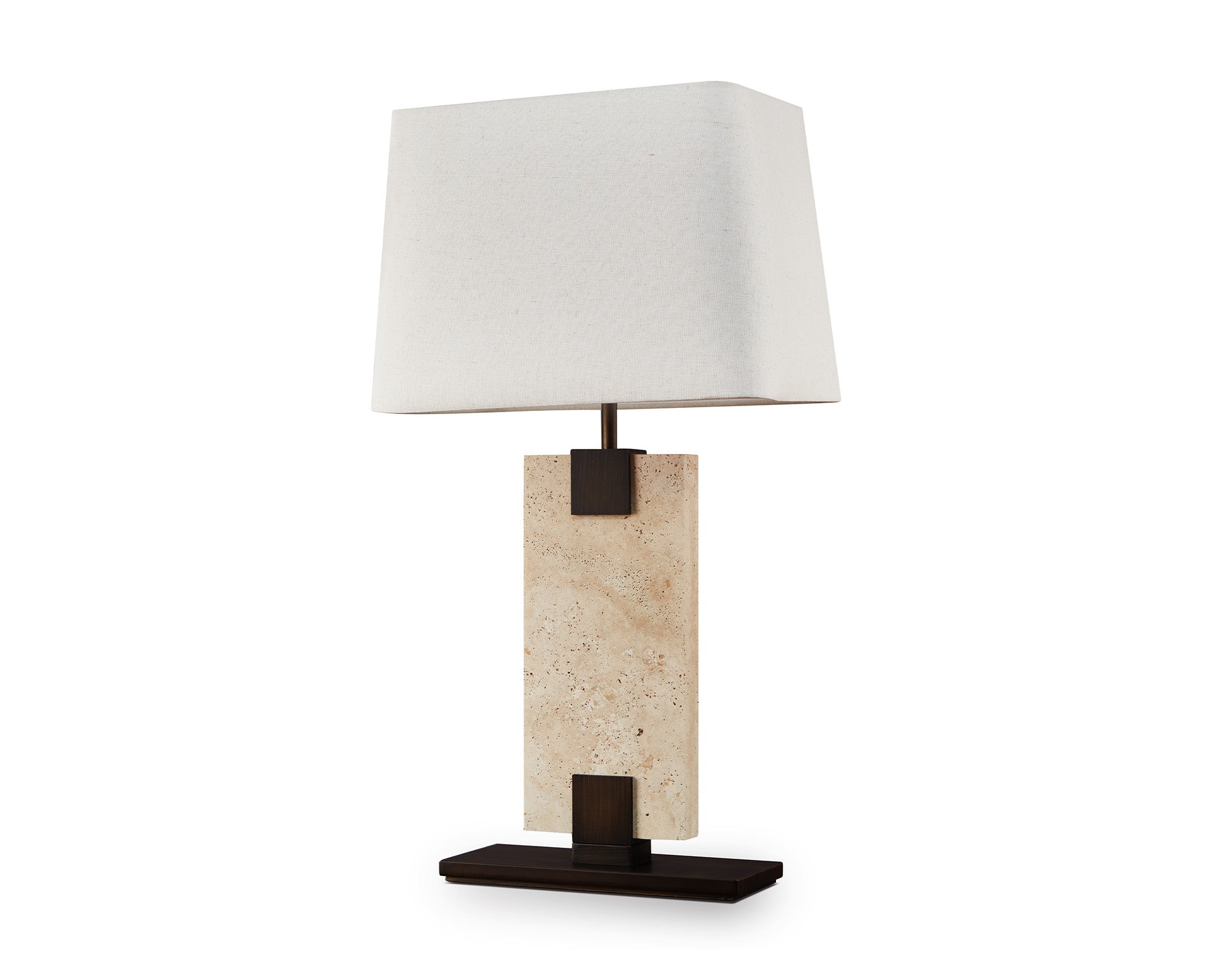 Madison Table Lamp - Travertine, Off White Linen and Antique Bronze