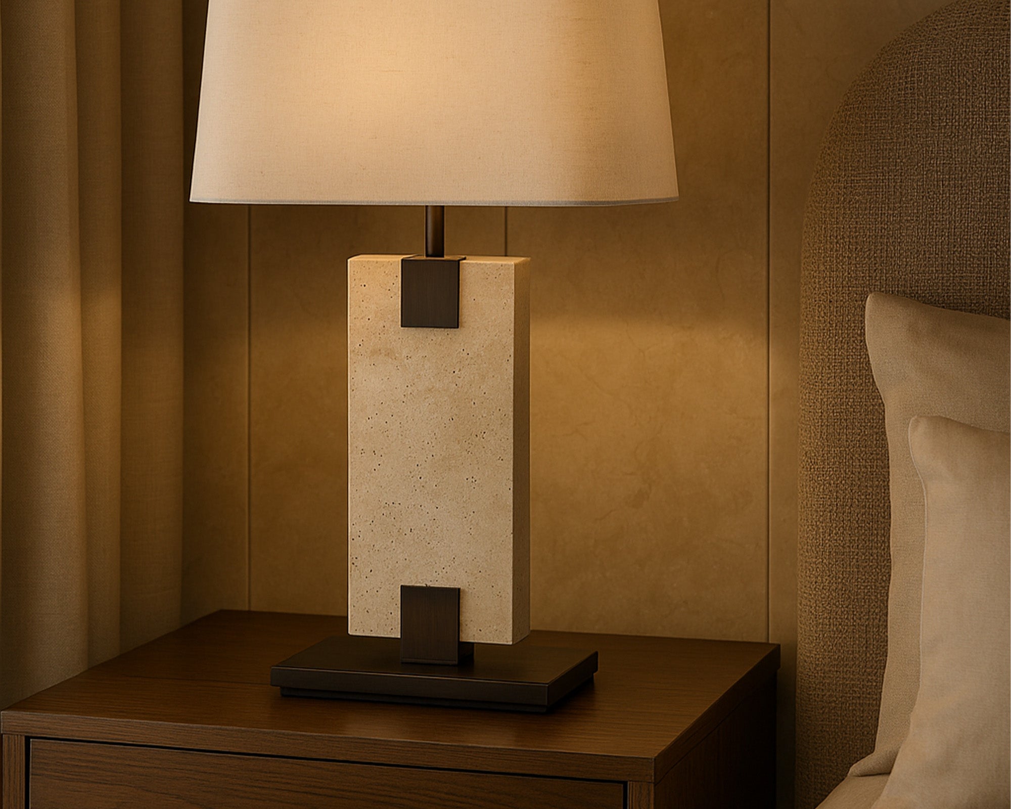 Madison Table Lamp - Travertine, Off White Linen and Antique Bronze