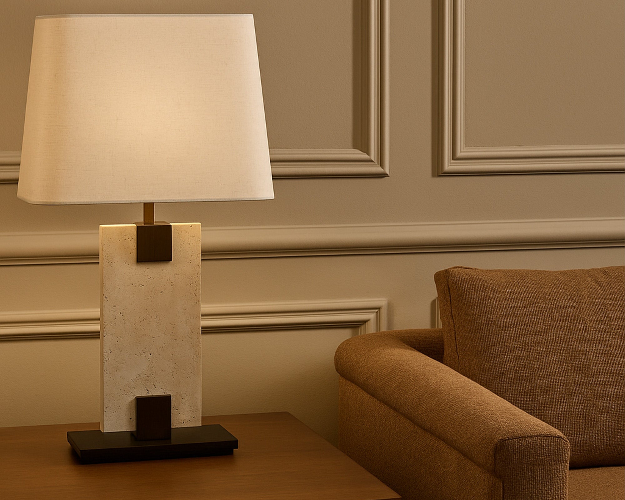 Madison Table Lamp - Travertine, Off White Linen and Antique Bronze