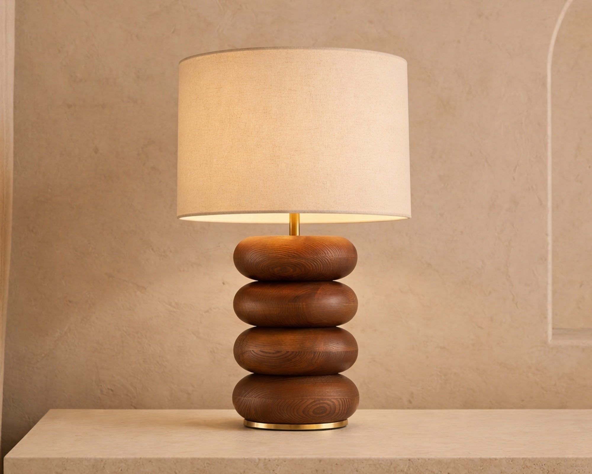 Dalt Table Lamp - Mid Brown Oak and Beige Linen Shade