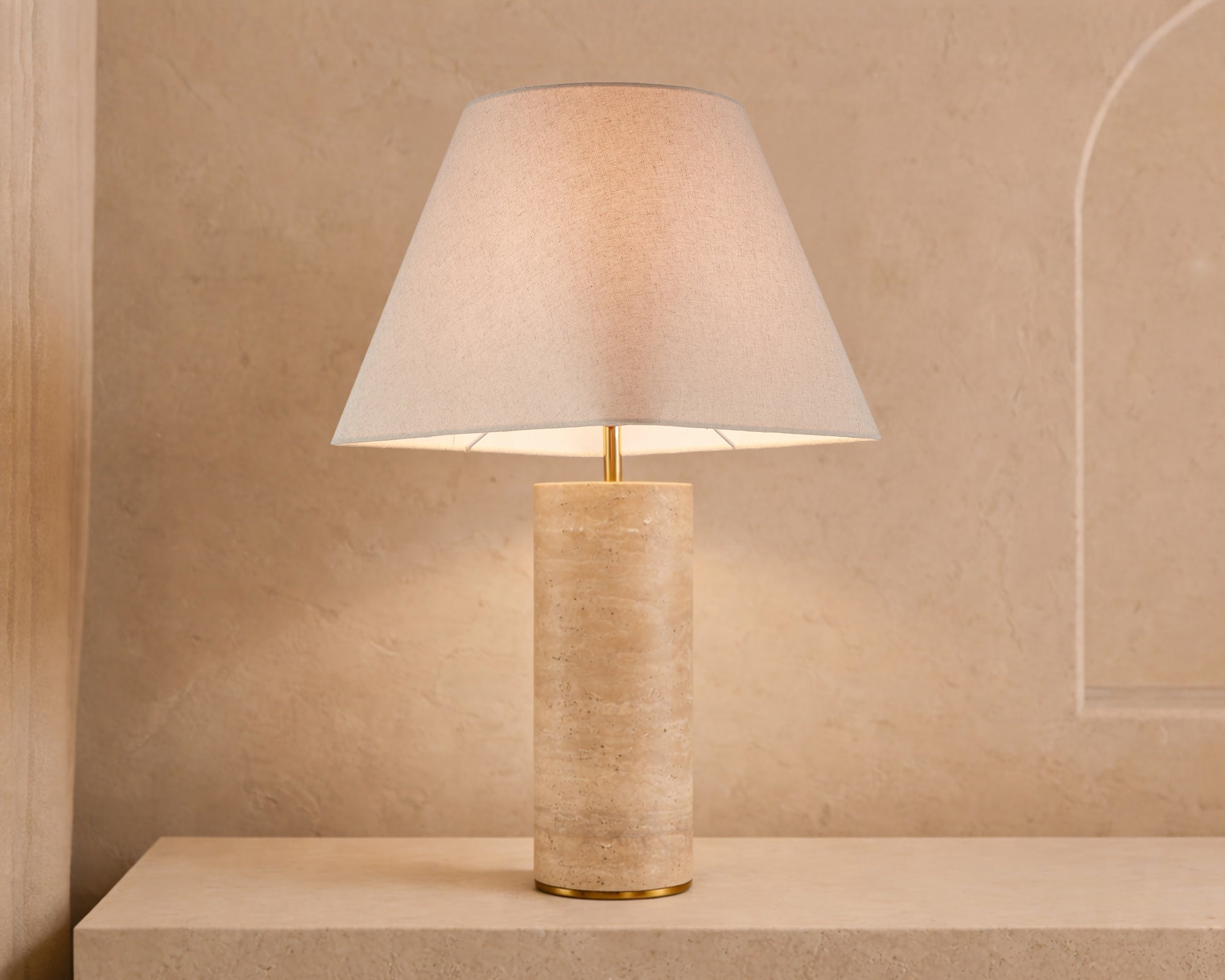 Corina Table Lamp - Travertine Marble and Beige Linen Shade