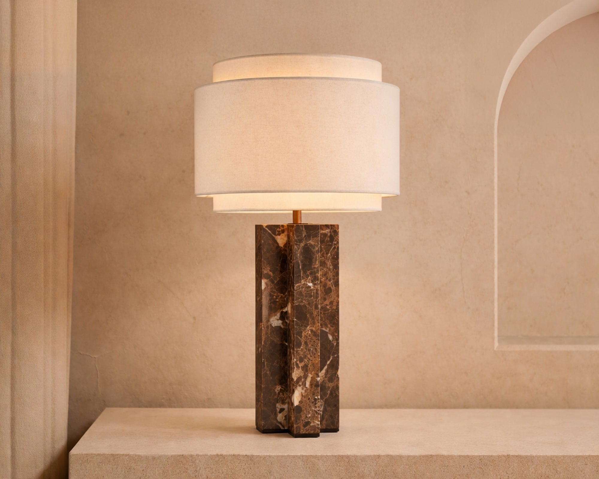 Asos Table Lamp - Brown Emperador Marble and Light Beige Linen Shade