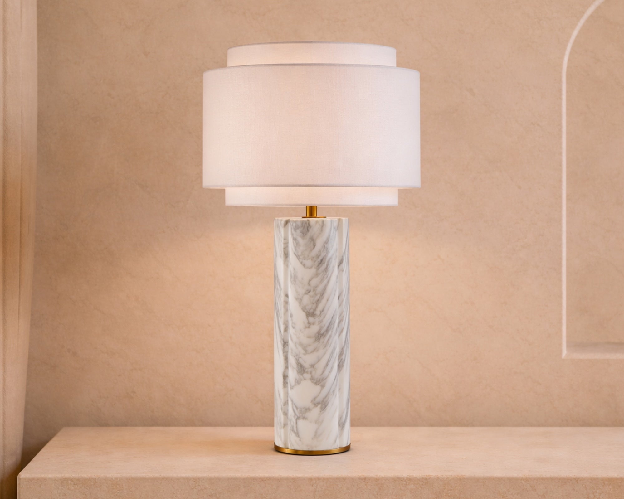 Aulis Table Lamp - White and Grey Veined Marble with Antique Brass