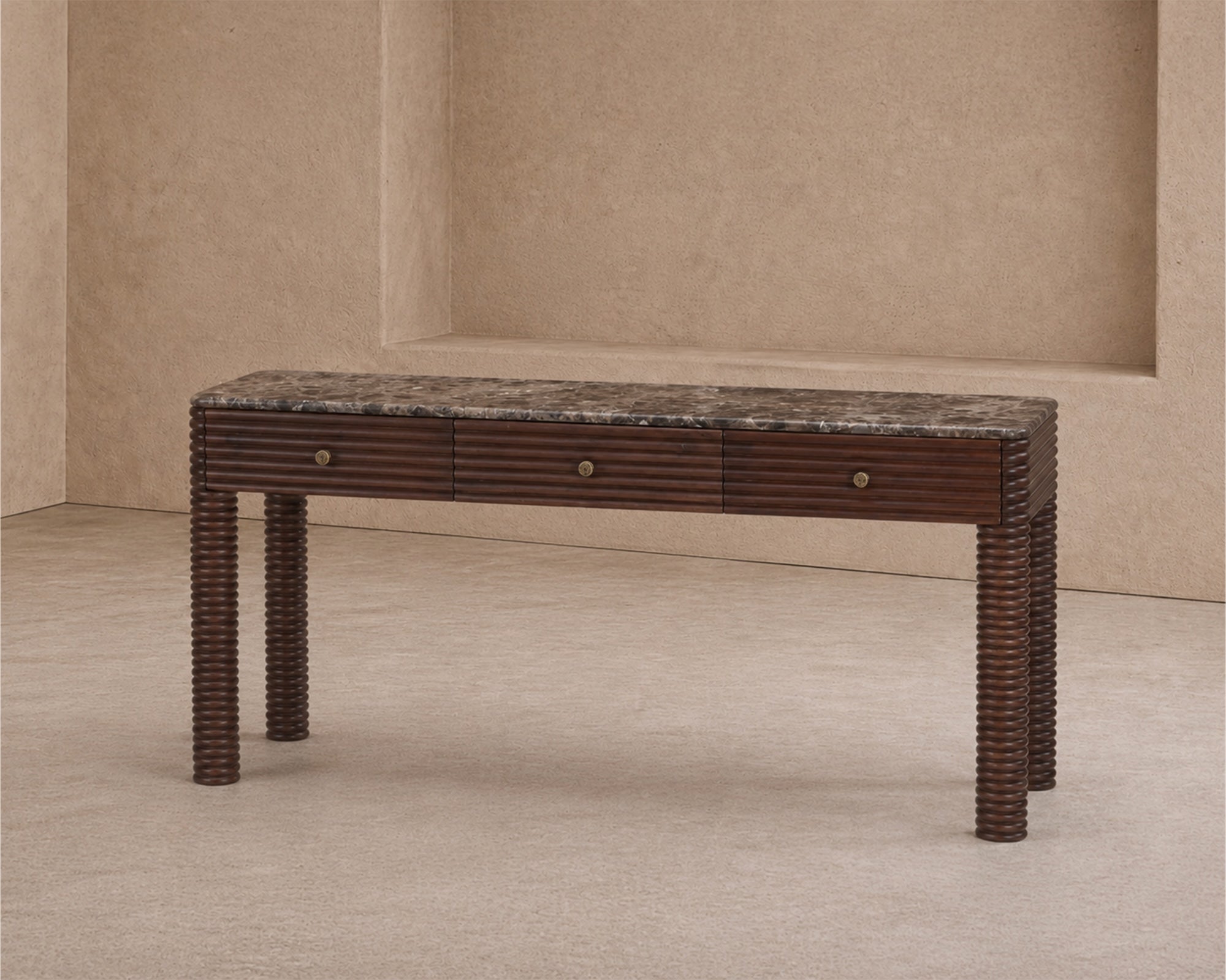 Allure Desk - Dark Brown Emperador Marble & Brushed Mid-brown Textured Acacia Wood