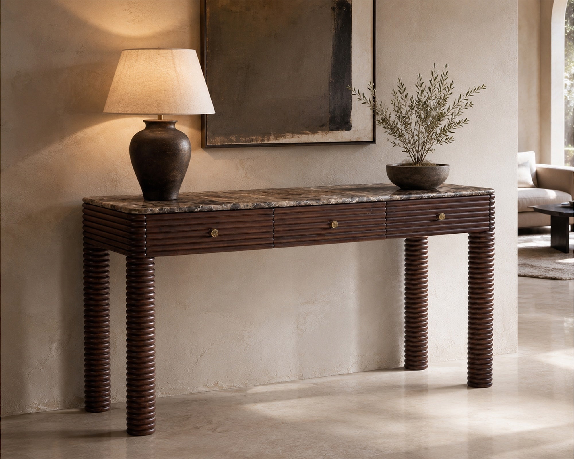 Allure Desk - Dark Brown Emperador Marble & Brushed Mid-brown Textured Acacia Wood