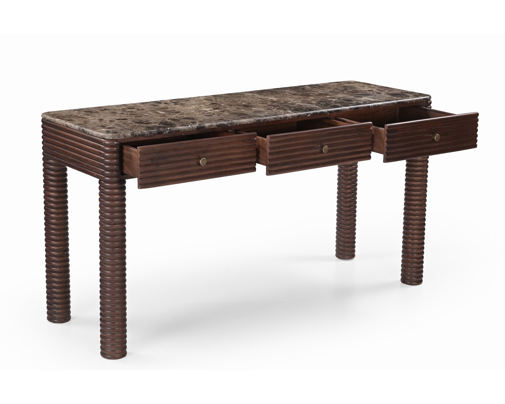 Allure Desk - Dark Brown Emperador Marble & Brushed Mid-brown Textured Acacia Wood