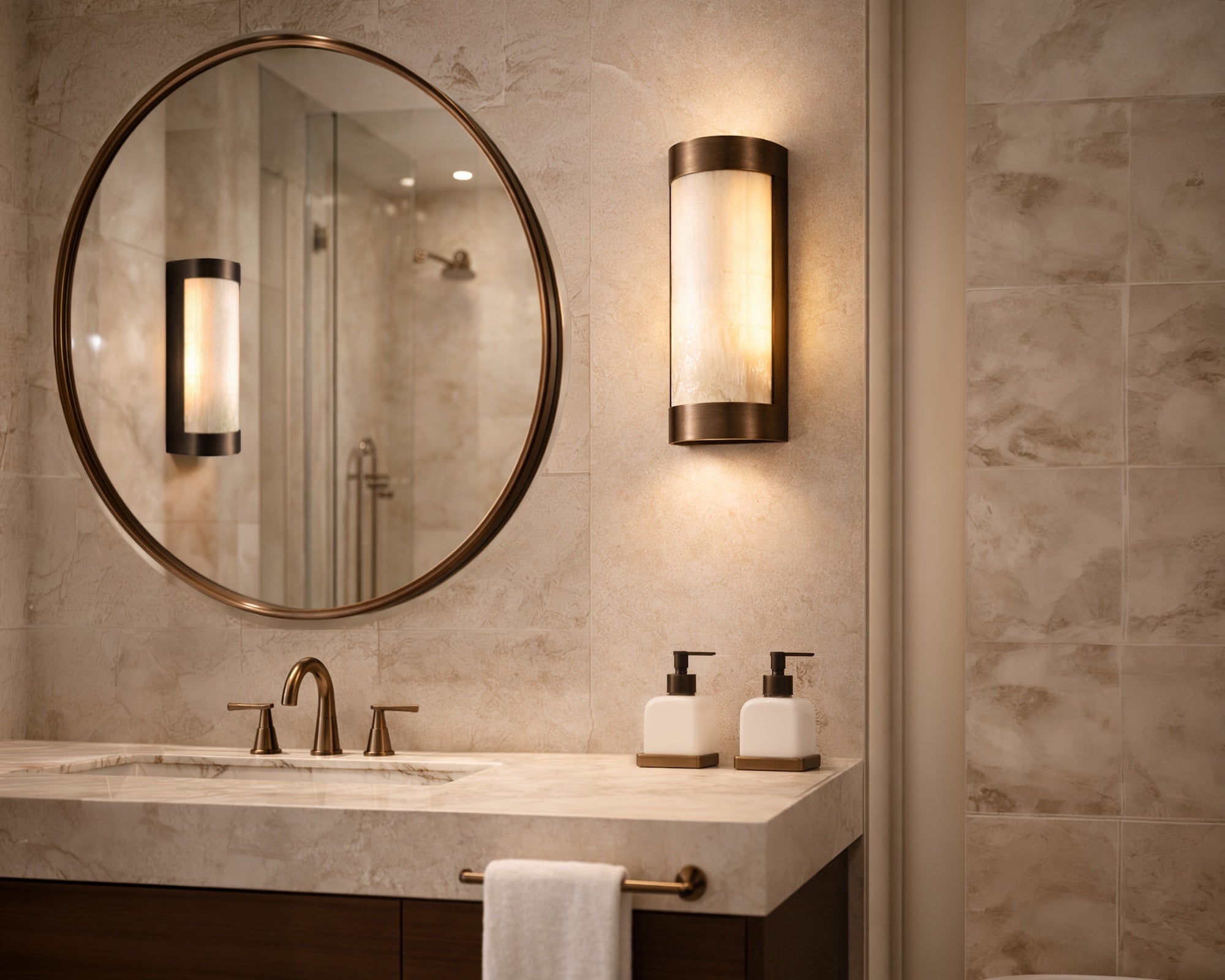 Vetra IP44 Wall Light - Natural Selenite Glass and Brushed Bronze