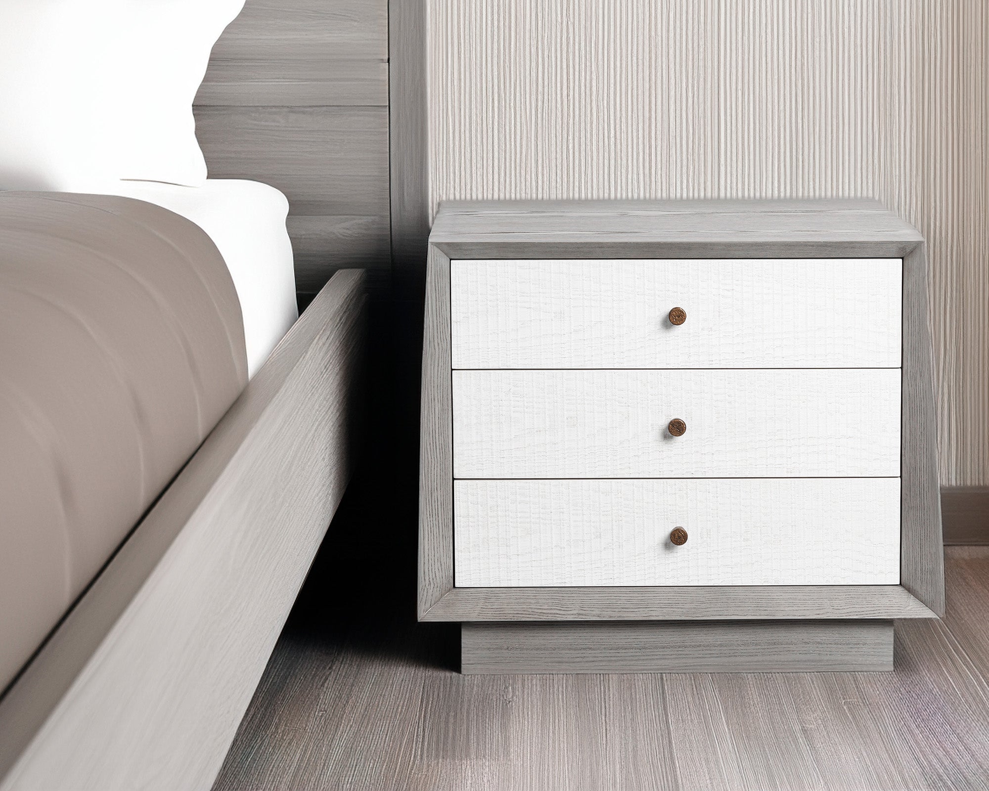 Otilia Bedside Table  -  Silver Grey & White Saw Cut Finish