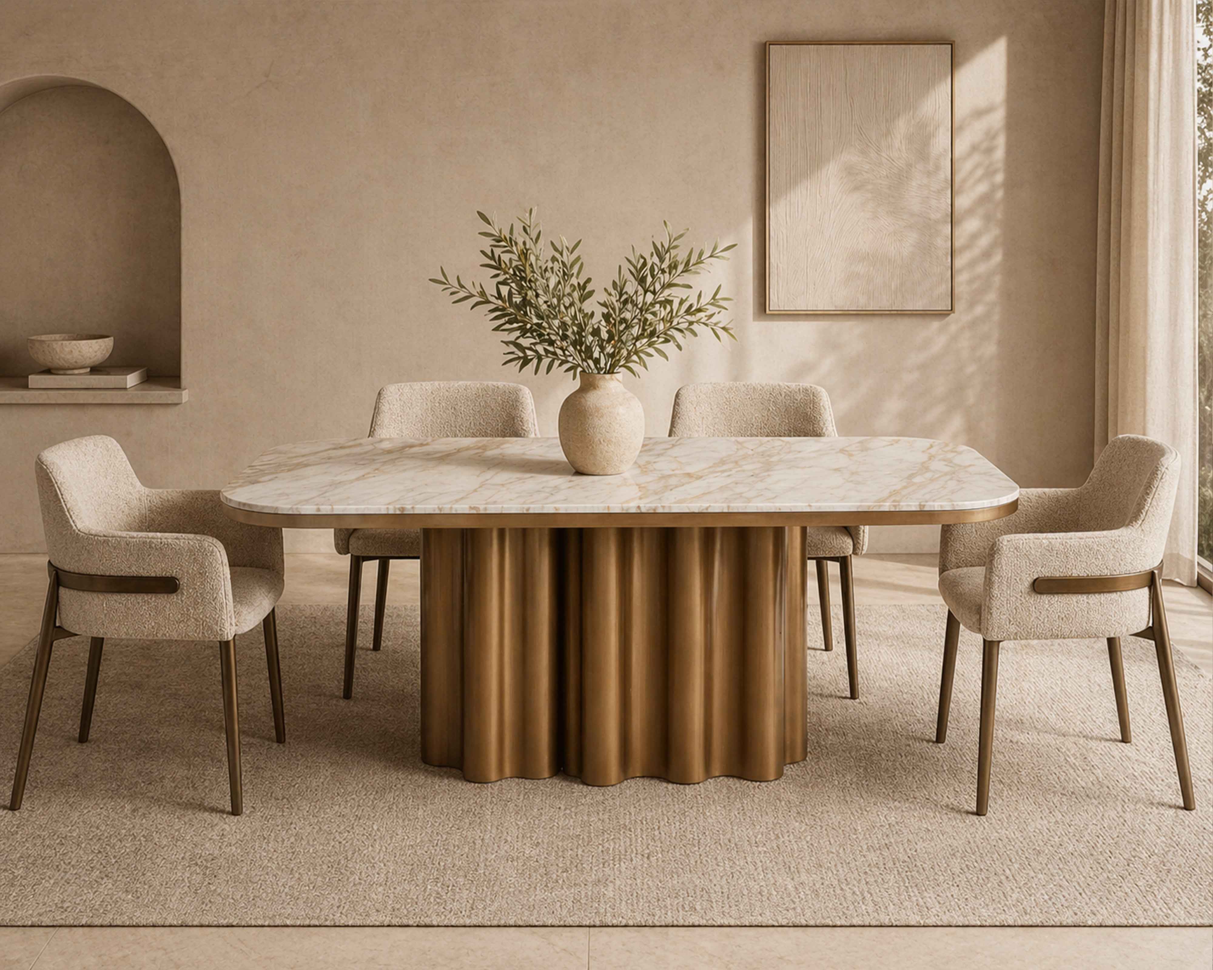 Corinthian Dining Table - Kaka Gold Natural Marble & Hairline Antique Brass