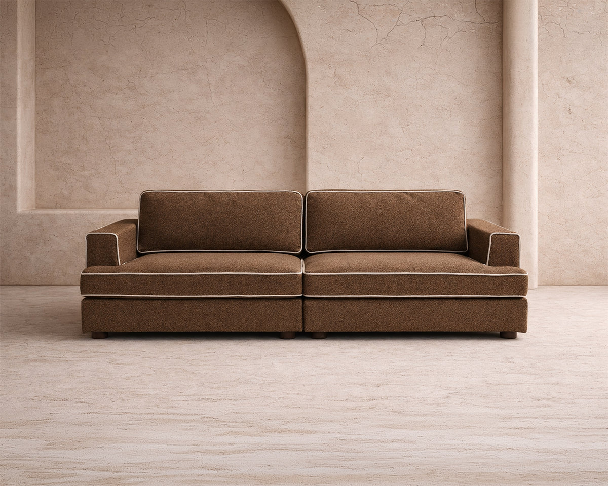 Cameron Sofa - Capella Fennel Seed with Capella Sand Piping | Dark Brown Solid Wood (Crib 5)