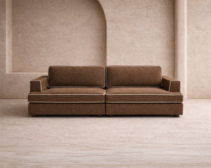 Cameron Sofa - Capella Fennel Seed with Capella Sand Piping | Dark Brown Solid Wood (Crib 5)