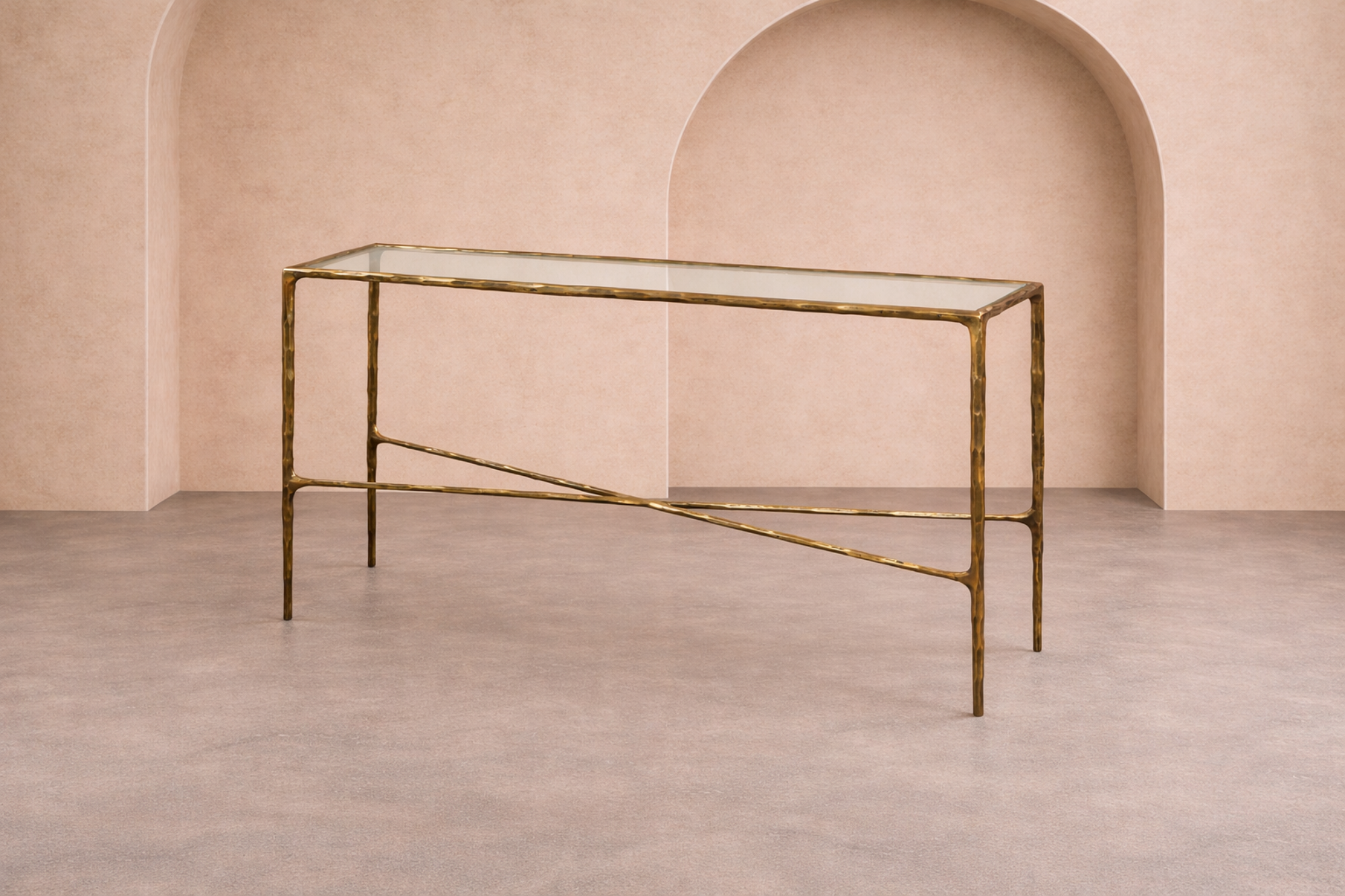 Cobra Console Table - Textured Antique Brass and Glass