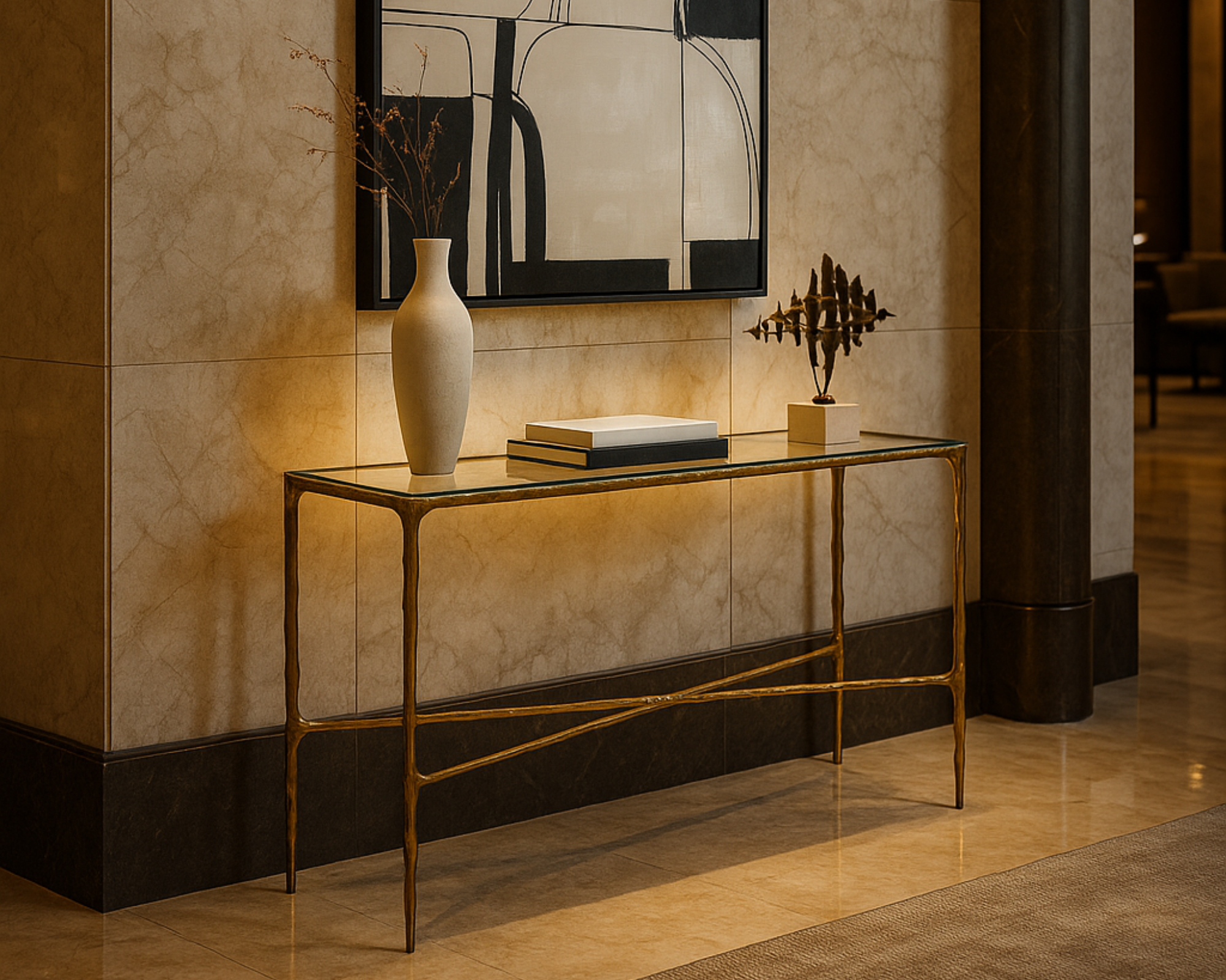 Cobra Console Table - Textured Antique Brass and Glass