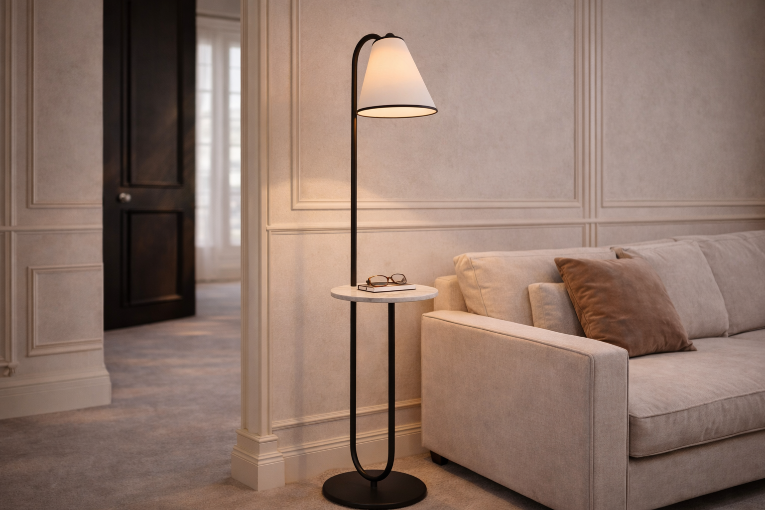 Edgar Floor Lamp - Carrara Marble and White Linen