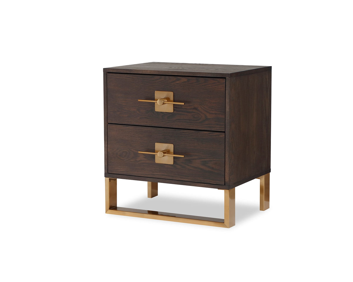 Ophir Bedside Table 2 Drawers  - Dark Brown Ash/Dark Brass