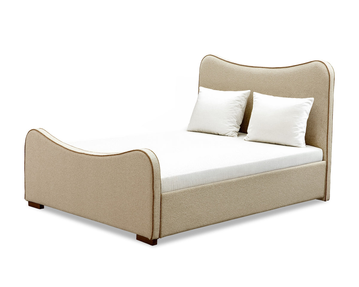 Caleta King Size Bed - Capella Sand with Capella Fennel Seed Piping | Dark Brown Solid Wood