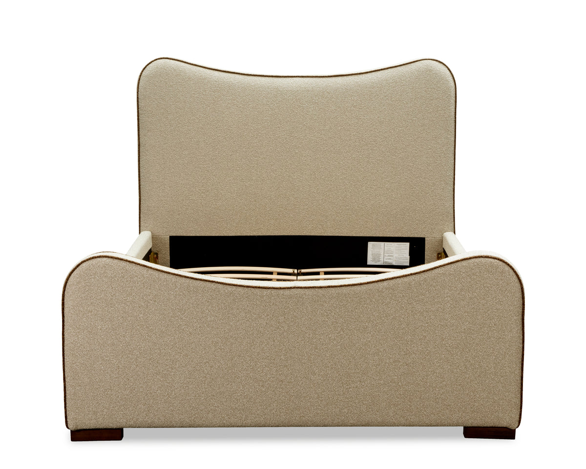 Caleta King Size Bed - Capella Sand with Capella Fennel Seed Piping | Dark Brown Solid Wood