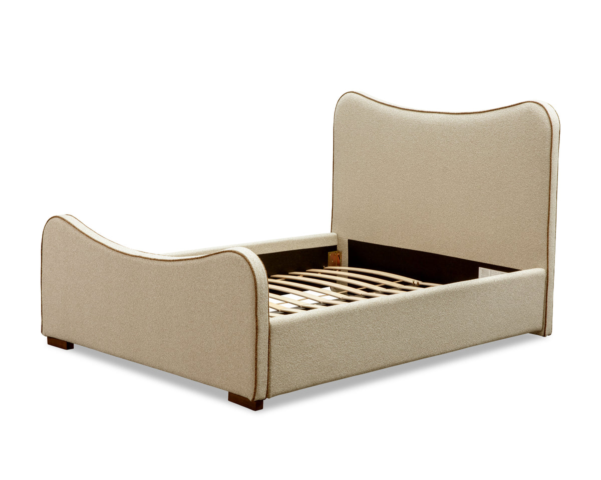 Caleta King Size Bed - Capella Sand with Capella Fennel Seed Piping | Dark Brown Solid Wood