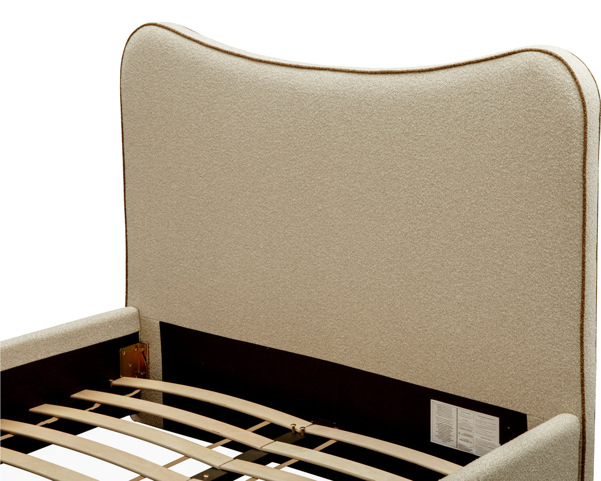 Caleta King Size Bed - Capella Sand with Capella Fennel Seed Piping | Dark Brown Solid Wood
