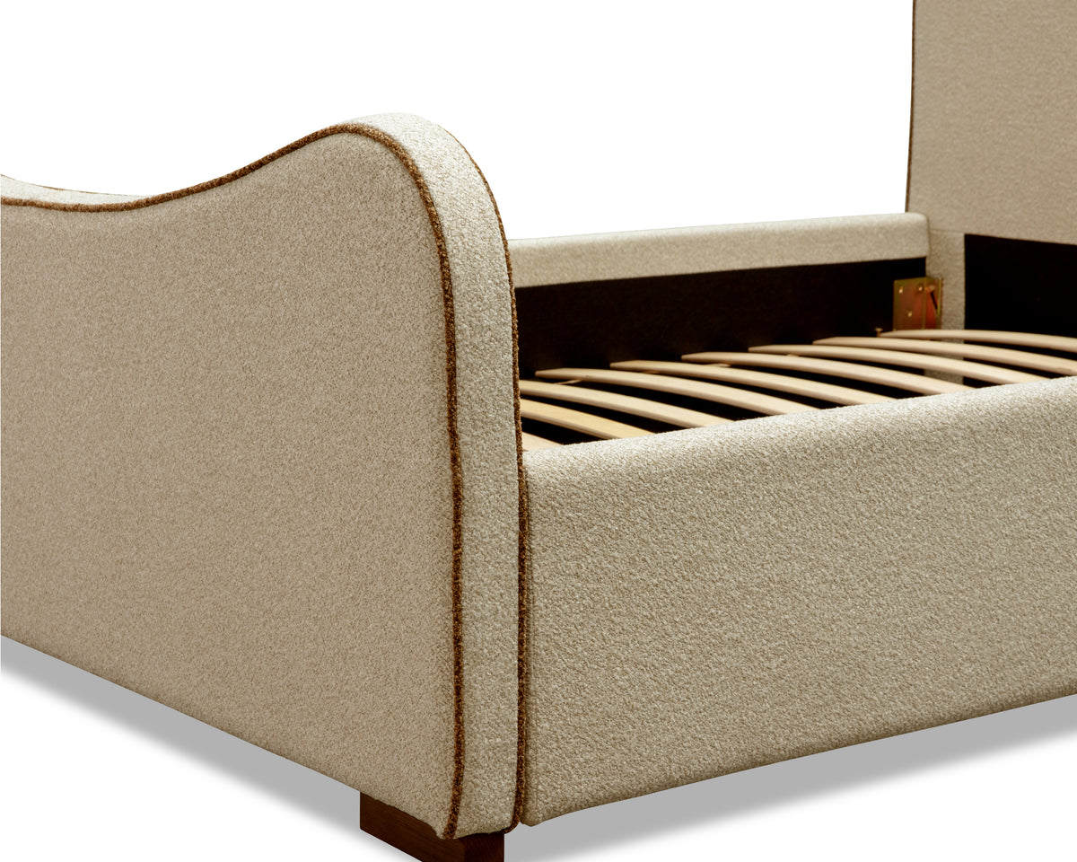 Caleta King Size Bed - Capella Sand with Capella Fennel Seed Piping | Dark Brown Solid Wood