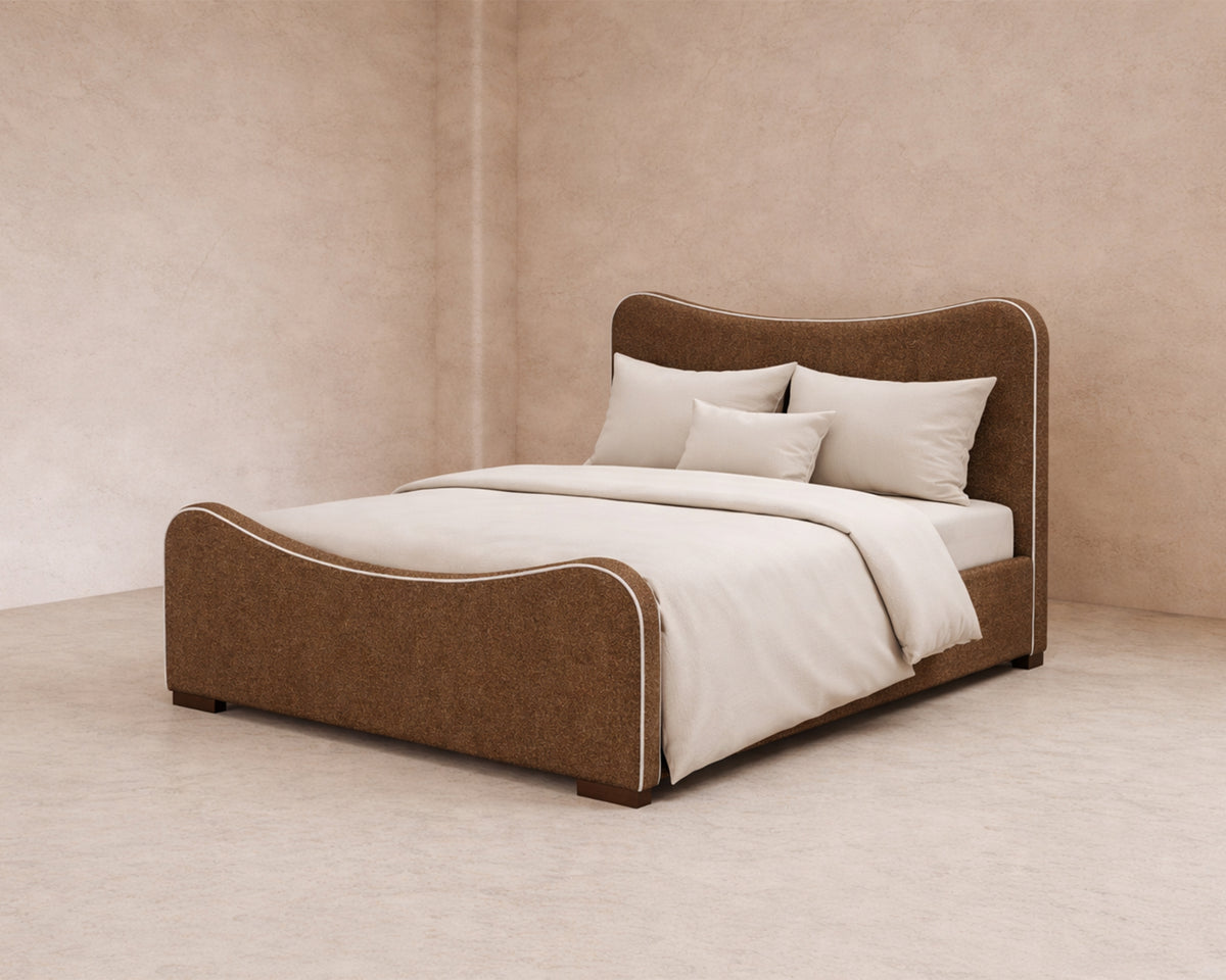 Caleta King Size Bed - Capella Fennel Seed with Capella Sand Piping | Dark Brown Solid Wood
