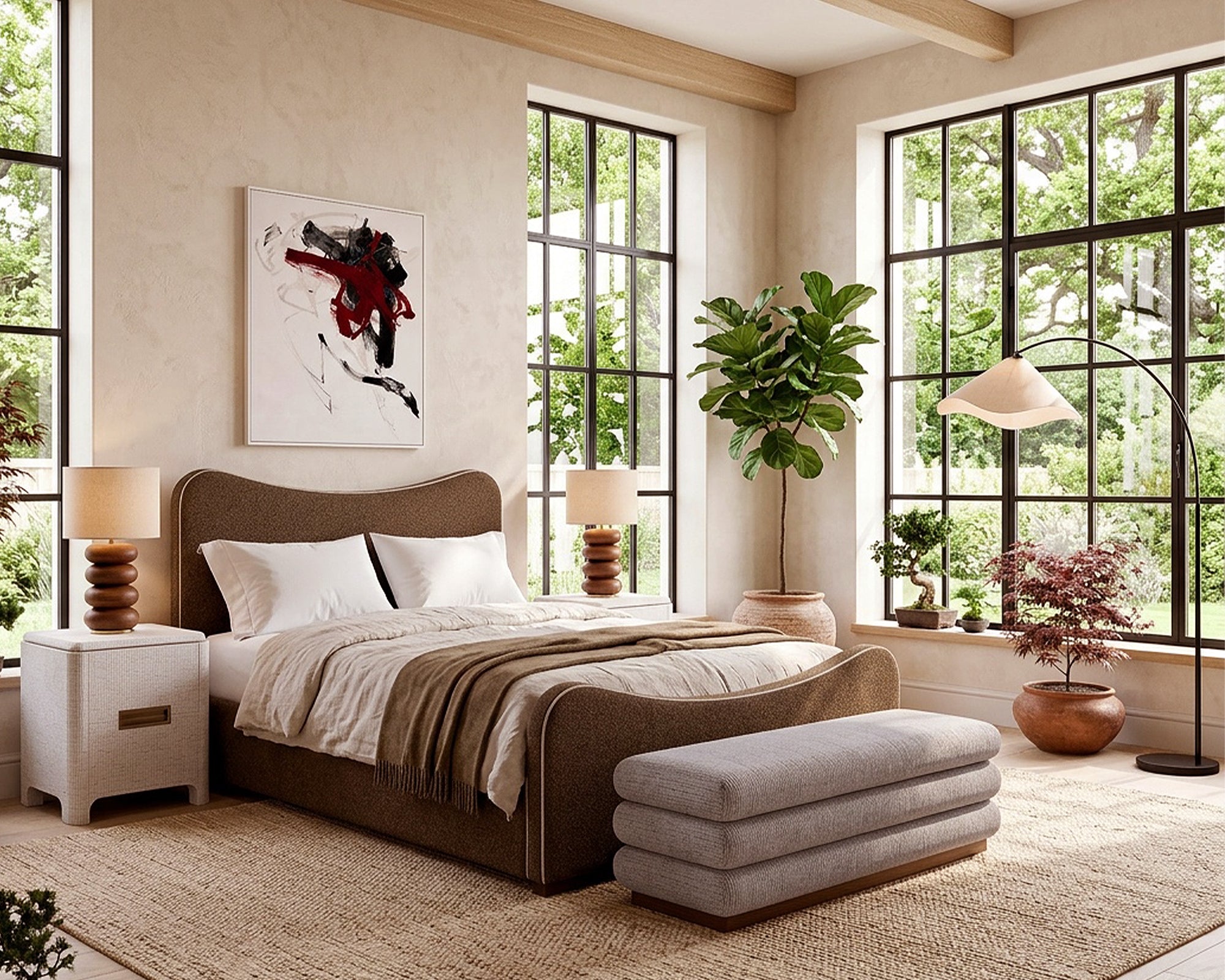 Caleta King Size Bed - Capela Fennel Seed with Capela Sand Piping | Dark Brown