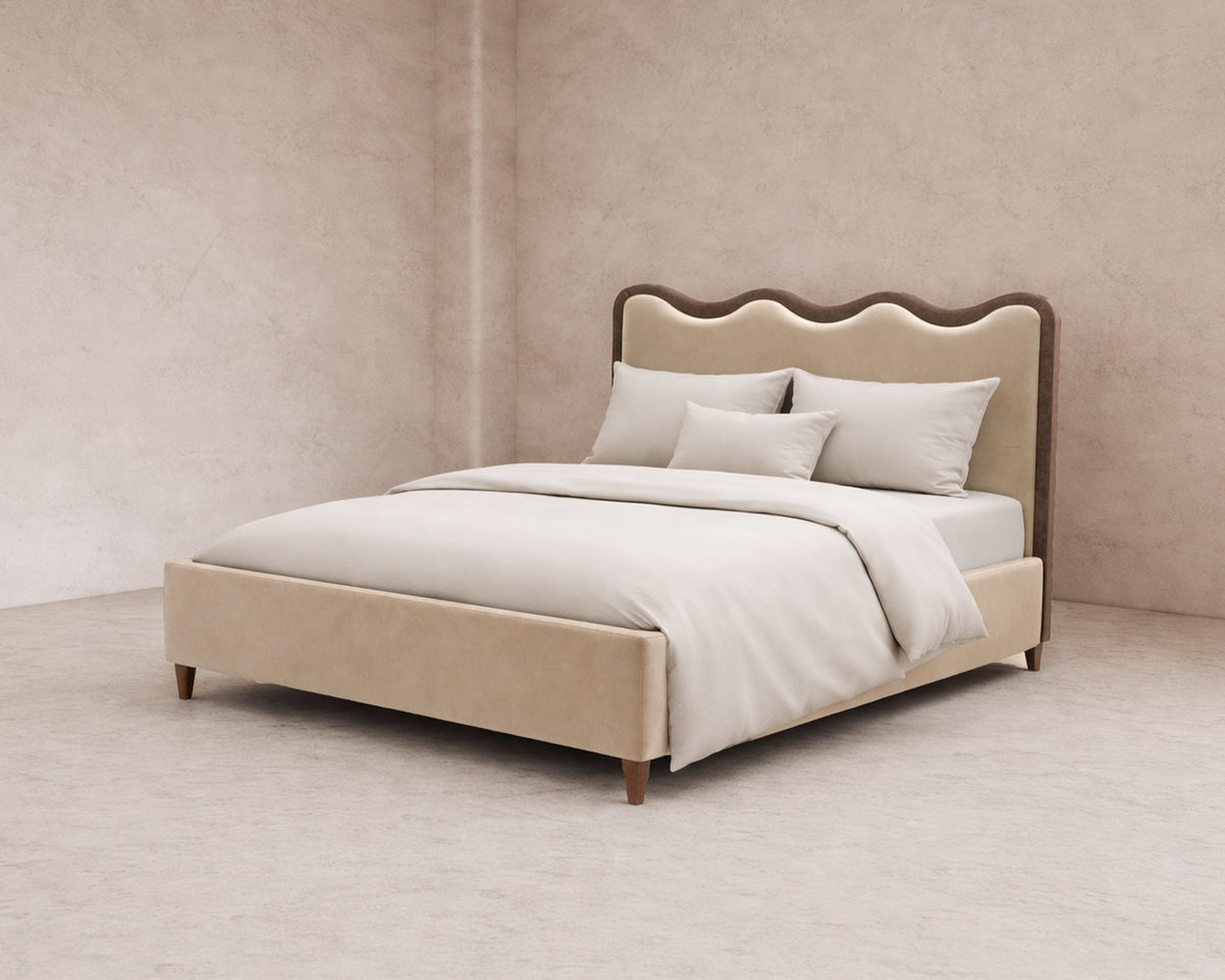 Palermo King Size Bed - Hopper Desert with Hopper Terra Border | Dark Brown Solid Wood