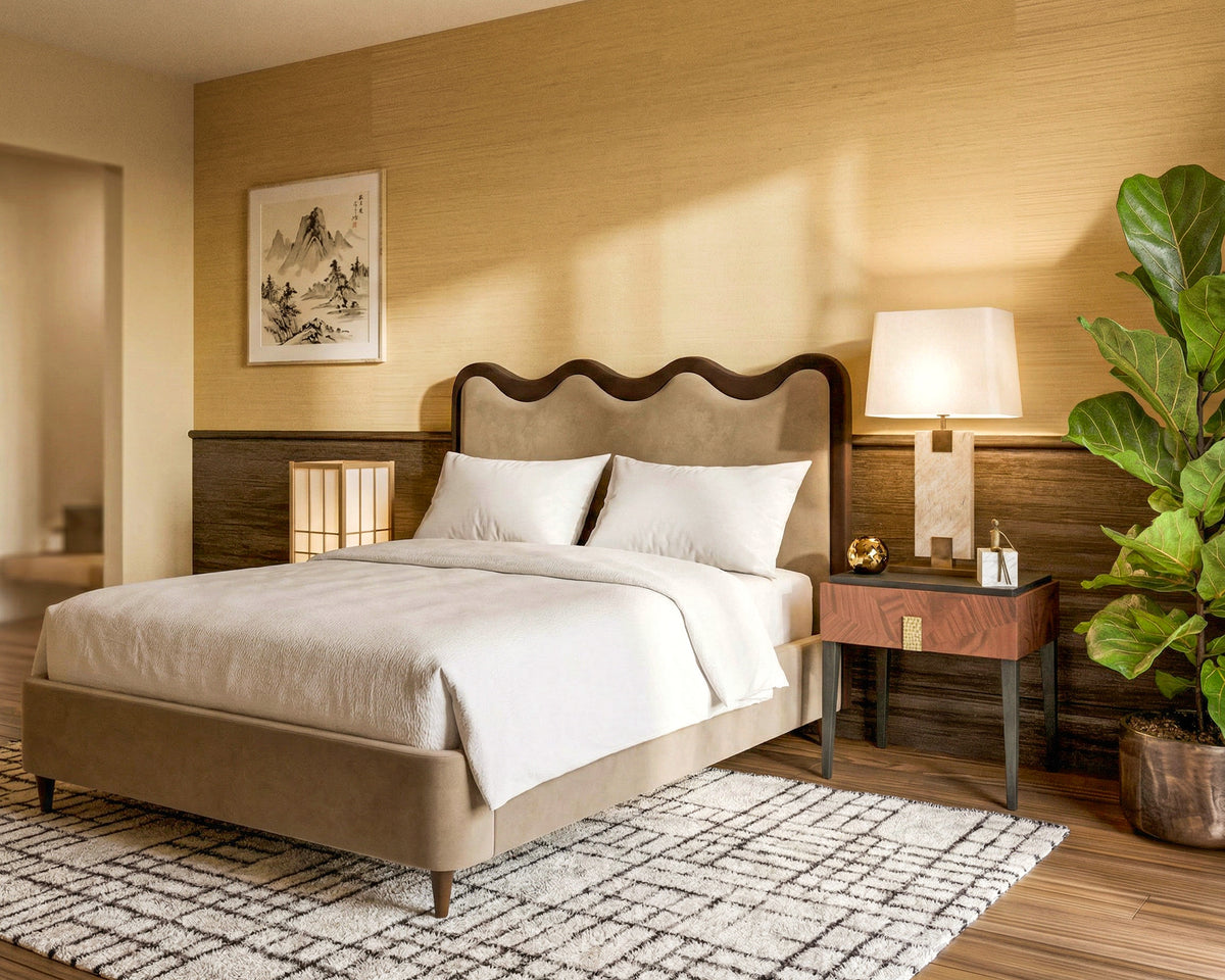 Palermo King Size Bed - Hopper Desert with Hopper Terra Border | Dark Brown Solid Wood