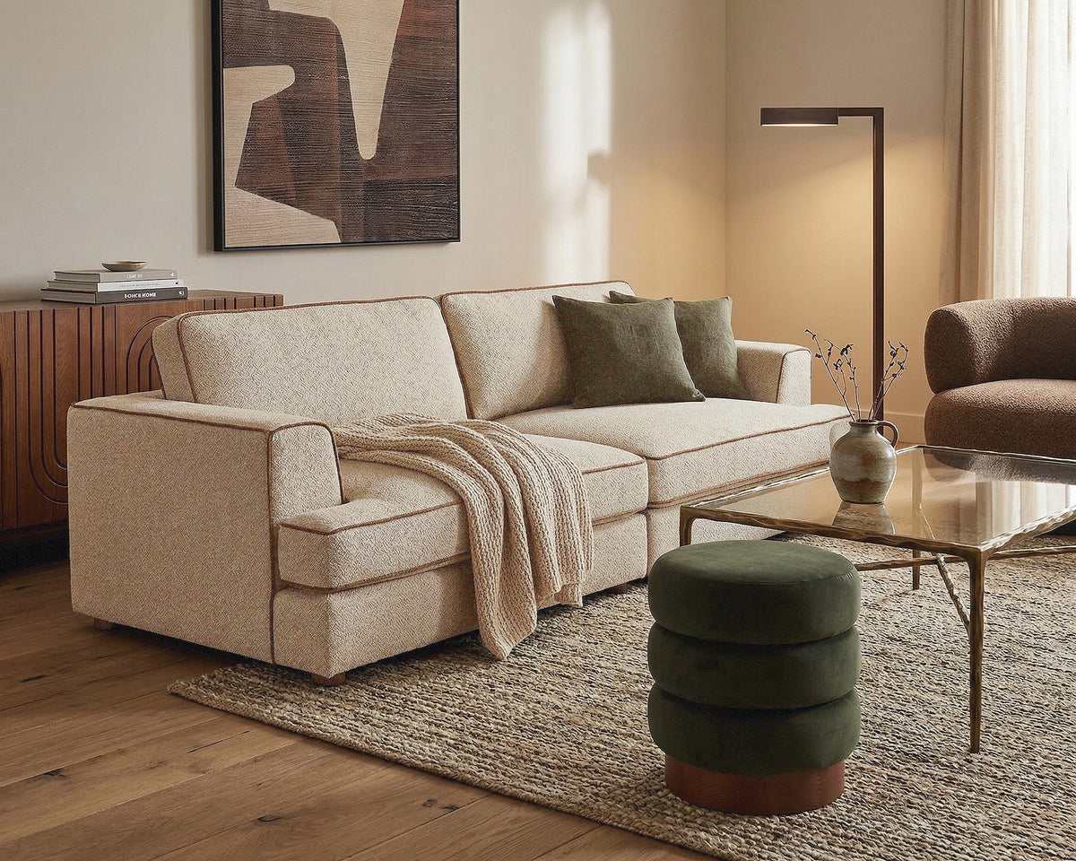 Cameron Sofa - Capella Sand with Capella Fennel Seed Piping | Dark Brown Solid Wood